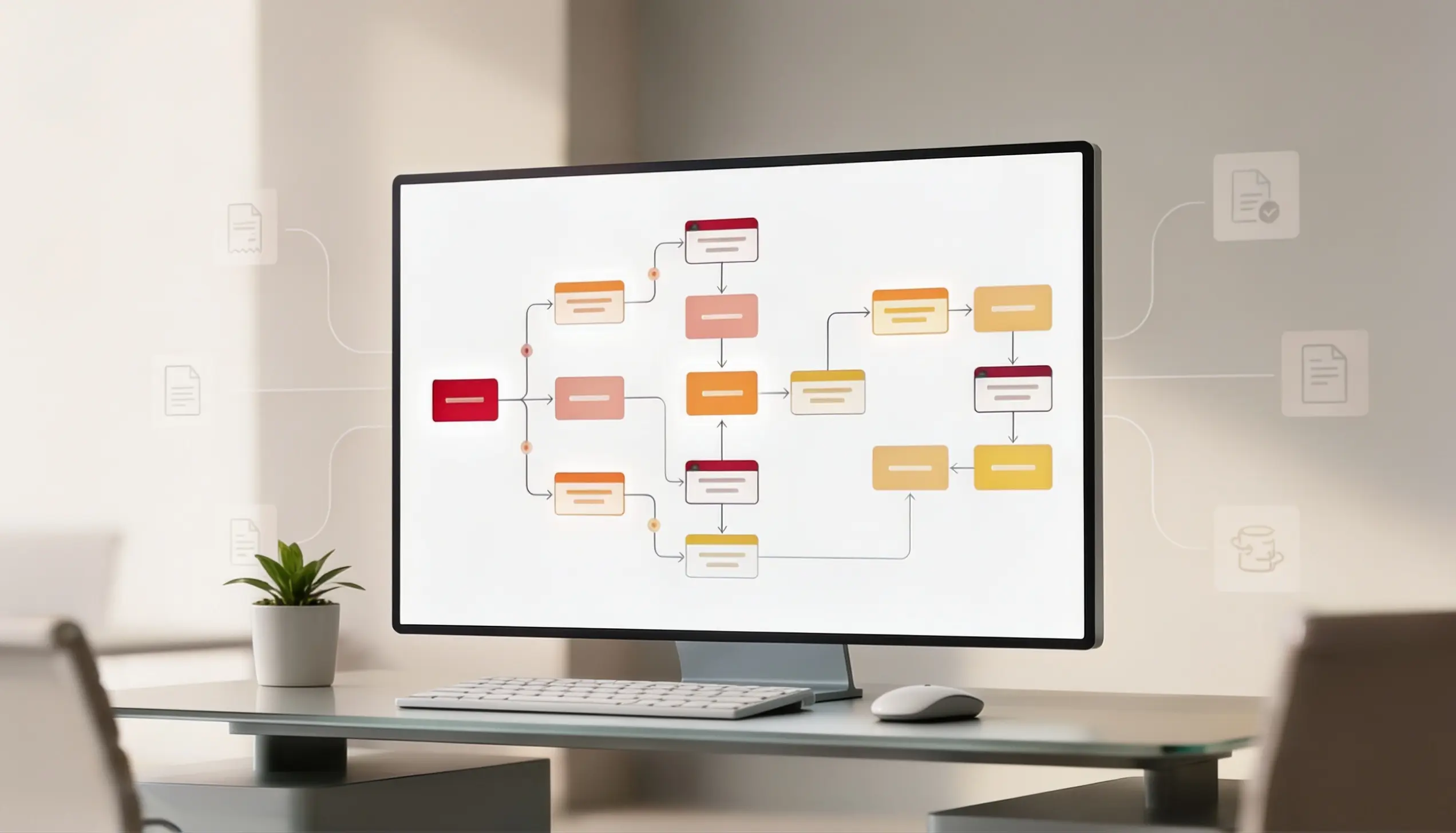 Ein Desktop-Monitor auf einem Schreibtisch zeigt ein verzweigtes Workflow-Diagramm mit verbundenen Prozessschritten. Im Hintergrund schweben Dokumenten-Icons.