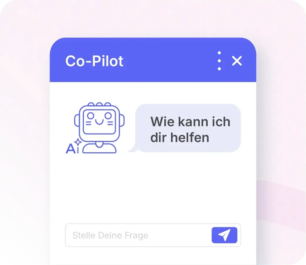 Chat-Fenster des Xentral KI Copilot mit freundlichem Roboter-Icon, Begrüßungsnachricht "Wie kann ich dir helfen" und Eingabefeld für Fragen.