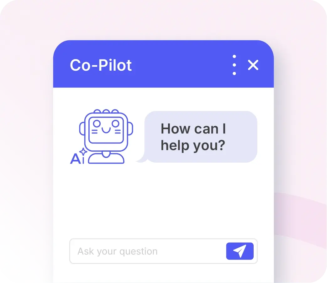 Chat window of the Xentral AI Copilot with a friendly robot icon, welcome message "How can I help you" and input field for questions.