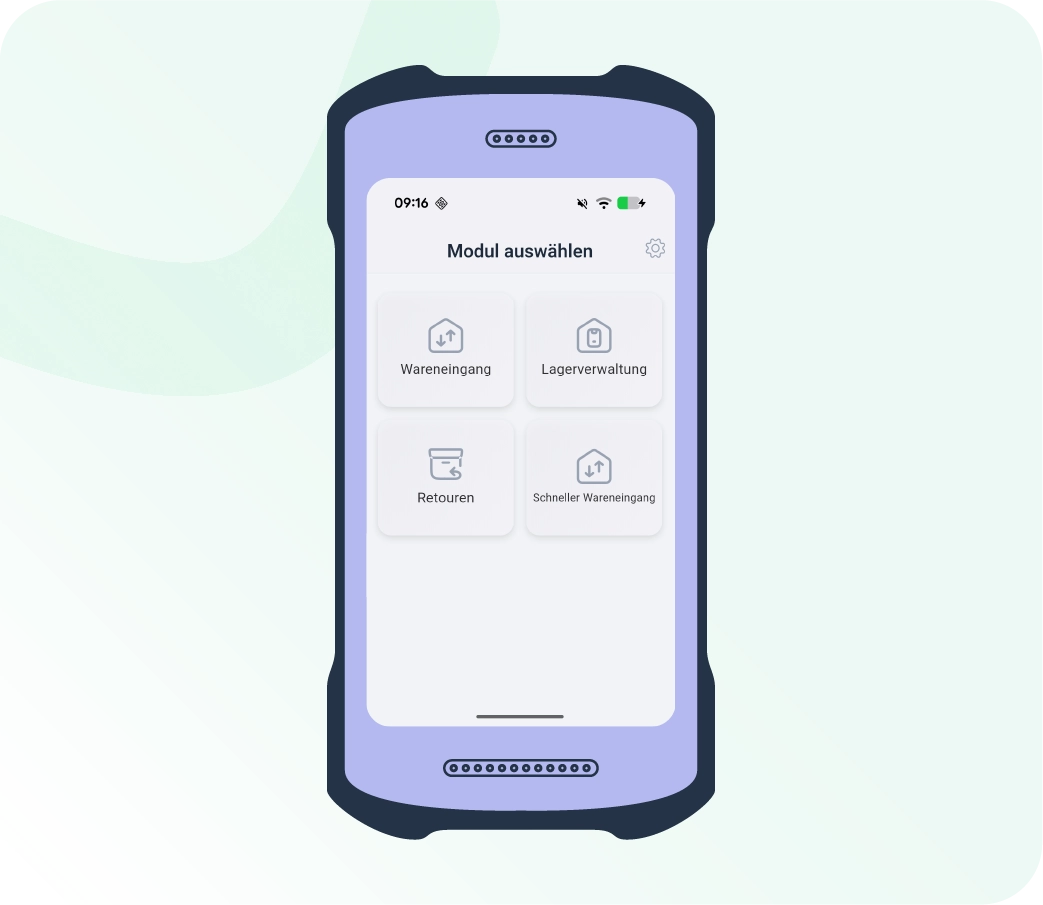 Startbildschirm der Xentral Warehouse App mit den vier Modulen Wareneingang, Lagerverwaltung, Retouren und Schneller Wareneingang