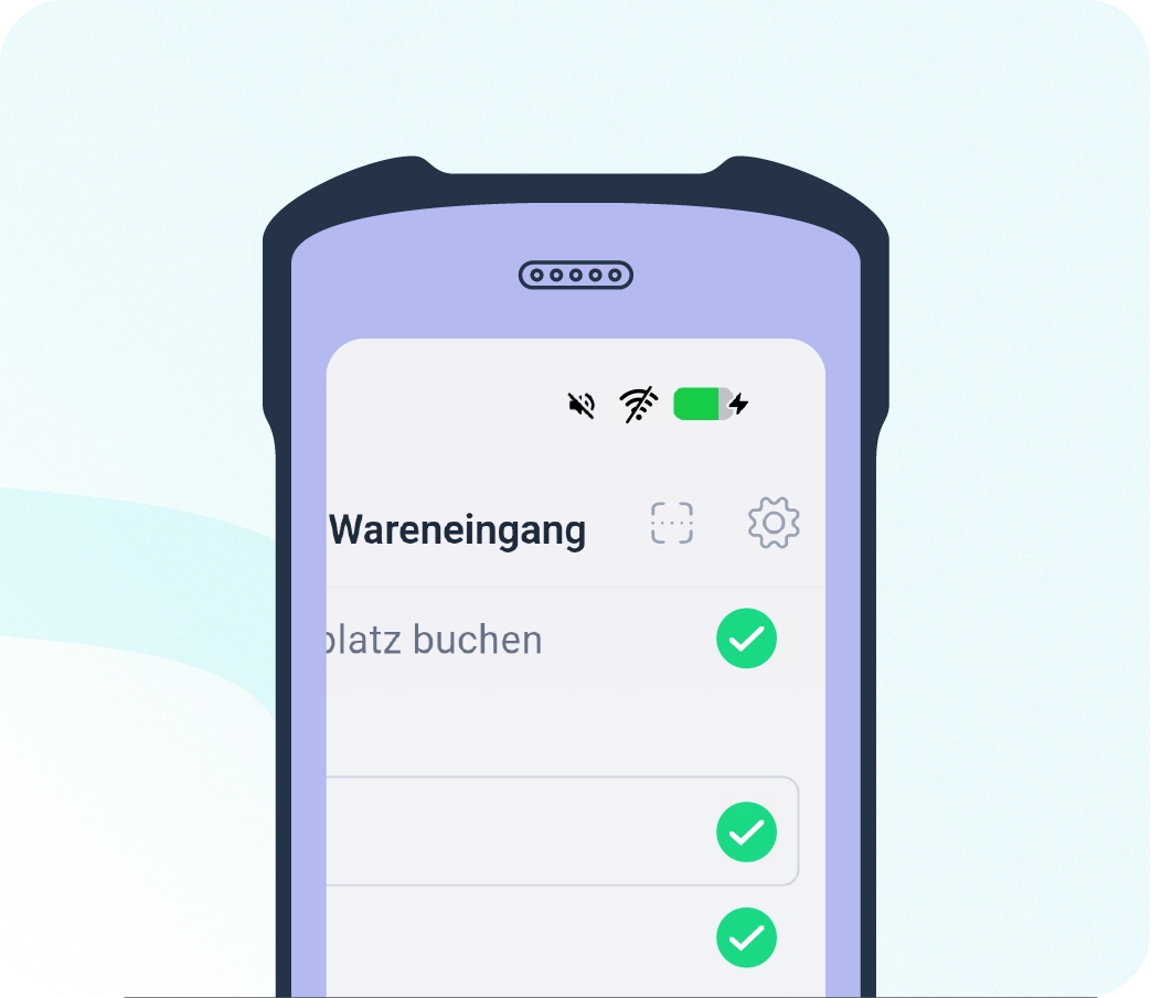 Nahaufnahme der Xentral Warehouse App im Modul Wareneingang mit grün bestätigten Buchungen trotz fehlender WLAN-Verbindung