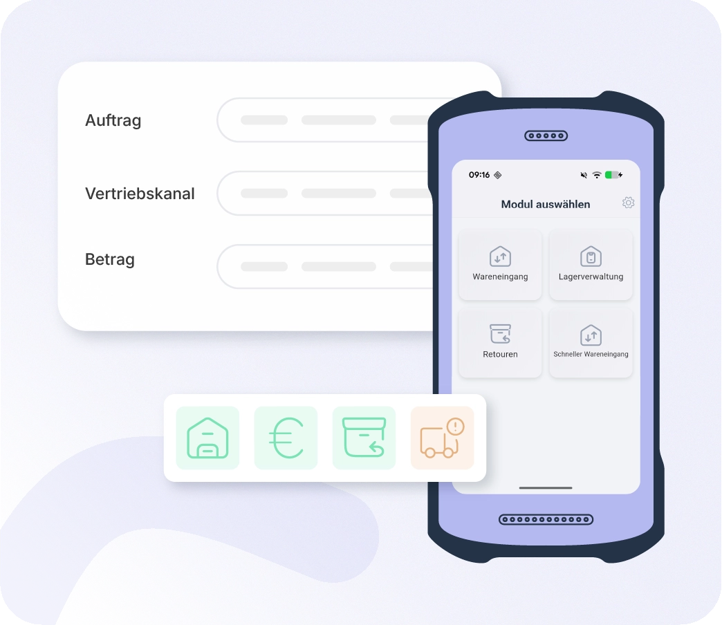 Xentral Warehouse App synchronisiert Lagerbuchungen in Echtzeit mit Auftrag, Vertriebskanal und Betrag im Xentral ERP