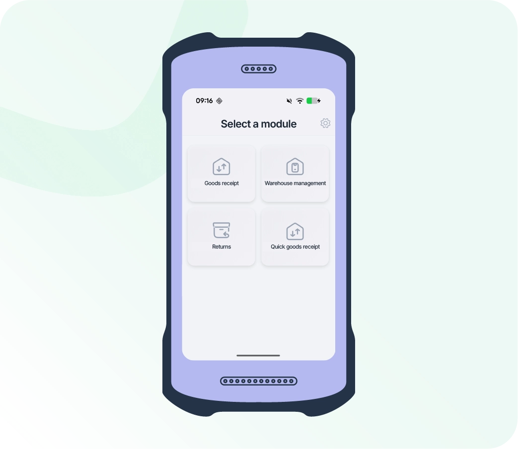 Home screen of the Xentral Warehouse app with the four modules: Goods Receipt, Inventory Management, Returns, and Quick Goods Receipt