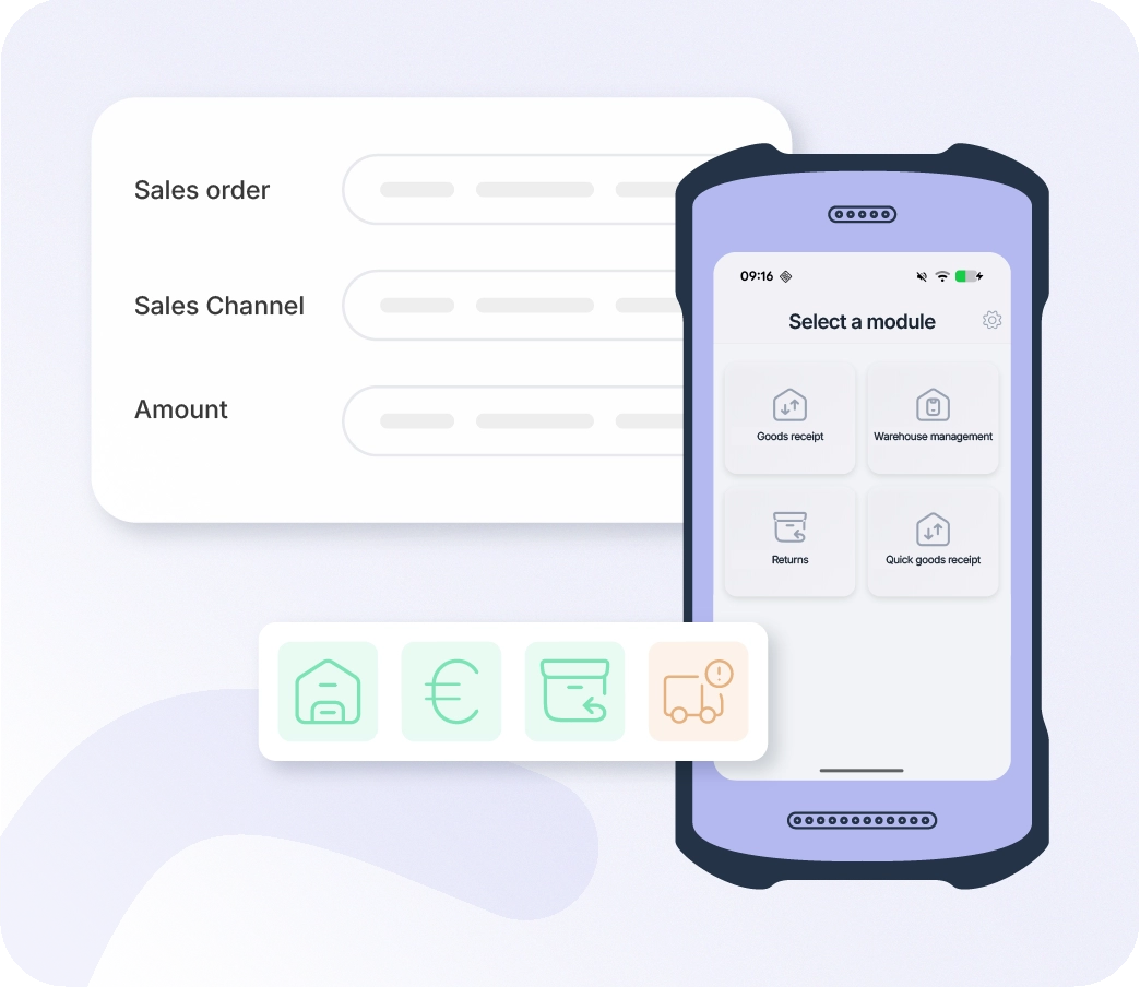The Xentral Warehouse App synchronizes warehouse transactions in real time with the order, sales channel, and amount in Xentral ERP