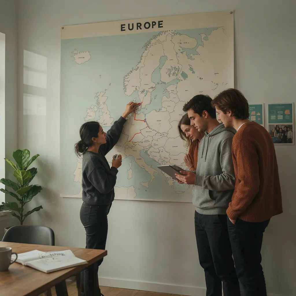 Vier Personen, die vor einer Europakarte stehen.