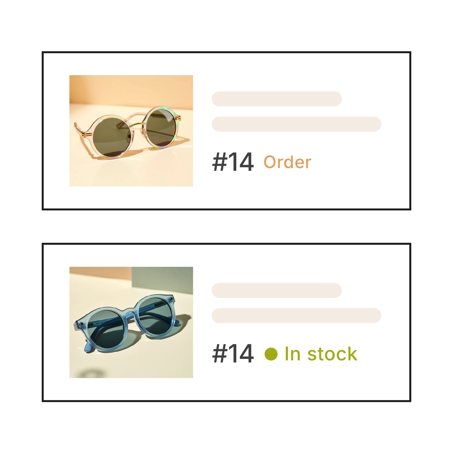 Schematic ERP view with two item cards. At the top, round sunglasses with a transparent frame and the orange status "Reorder" indicating low stock, at the bottom blue sunglasses with the green status "In stock".