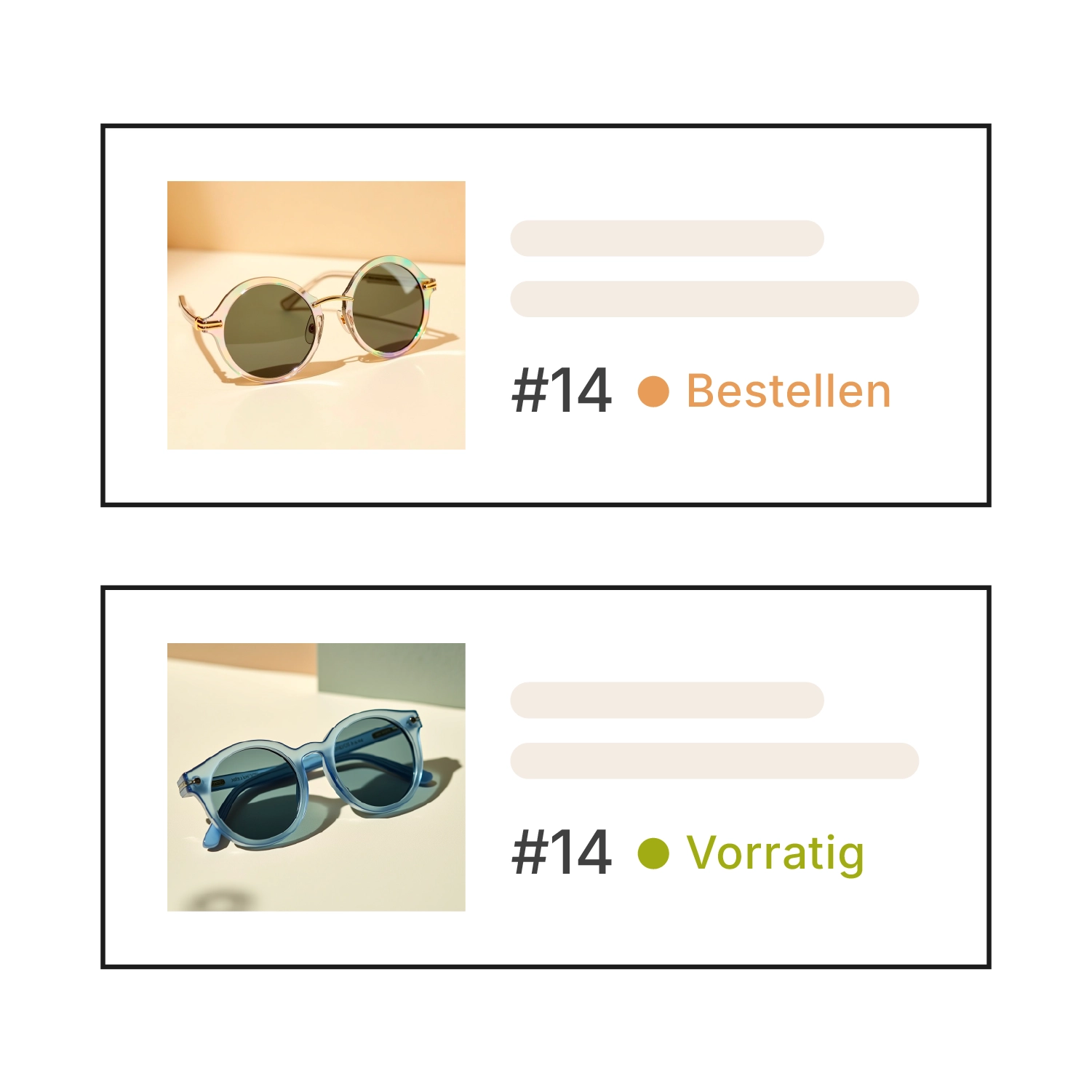 Schematische ERP-Ansicht mit zwei Artikelkarten. Oben eine runde Sonnenbrille mit transparentem Rahmen und dem orangefarbenen Status „Bestellen" als Hinweis auf niedrigen Bestand, unten eine blaue Sonnenbrille mit dem grünen Status „Vorrätig".