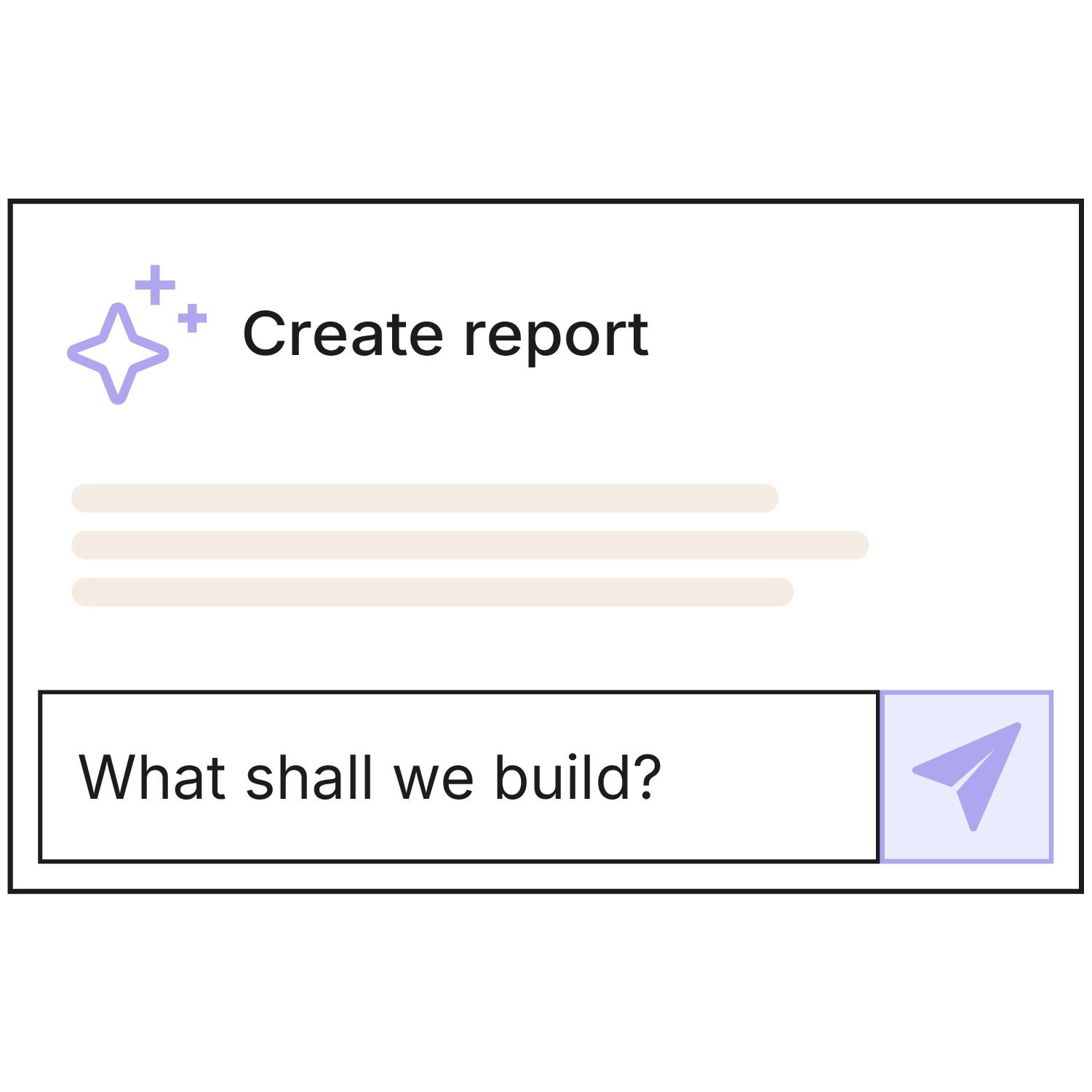 Schematic illustration of the AI feature "Create report" in the ERP. Below the AI icon and headline is a text area, followed by an input field asking "Which analysis do you need?" and a send button. Reports can be created with a simple text prompt.