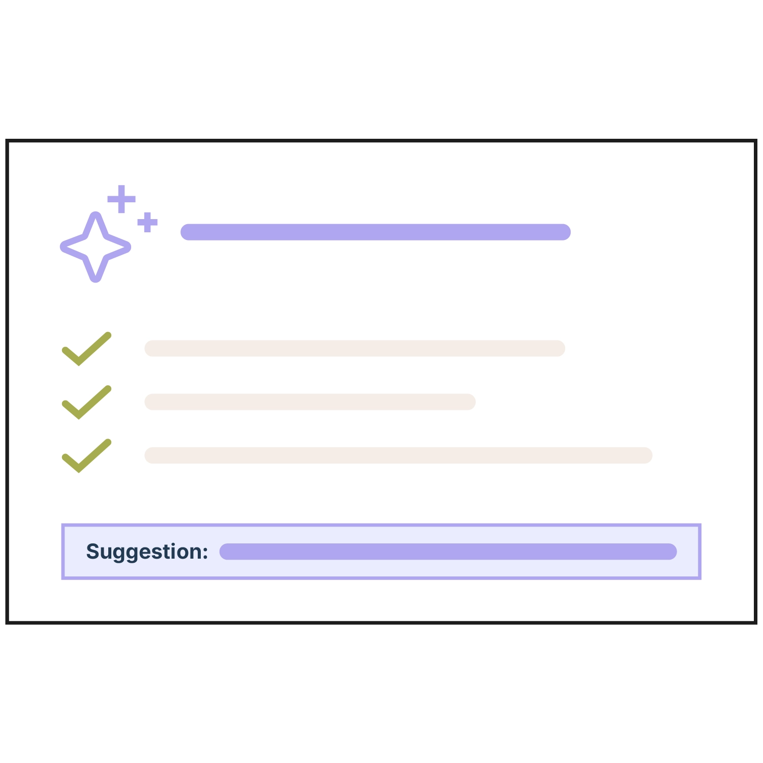 Schematic illustration of an AI analysis in the ERP. Below the AI icon are three items with green checkmarks, followed by a purple highlighted field labeled "Suggestion:" containing a concrete recommendation from the AI.