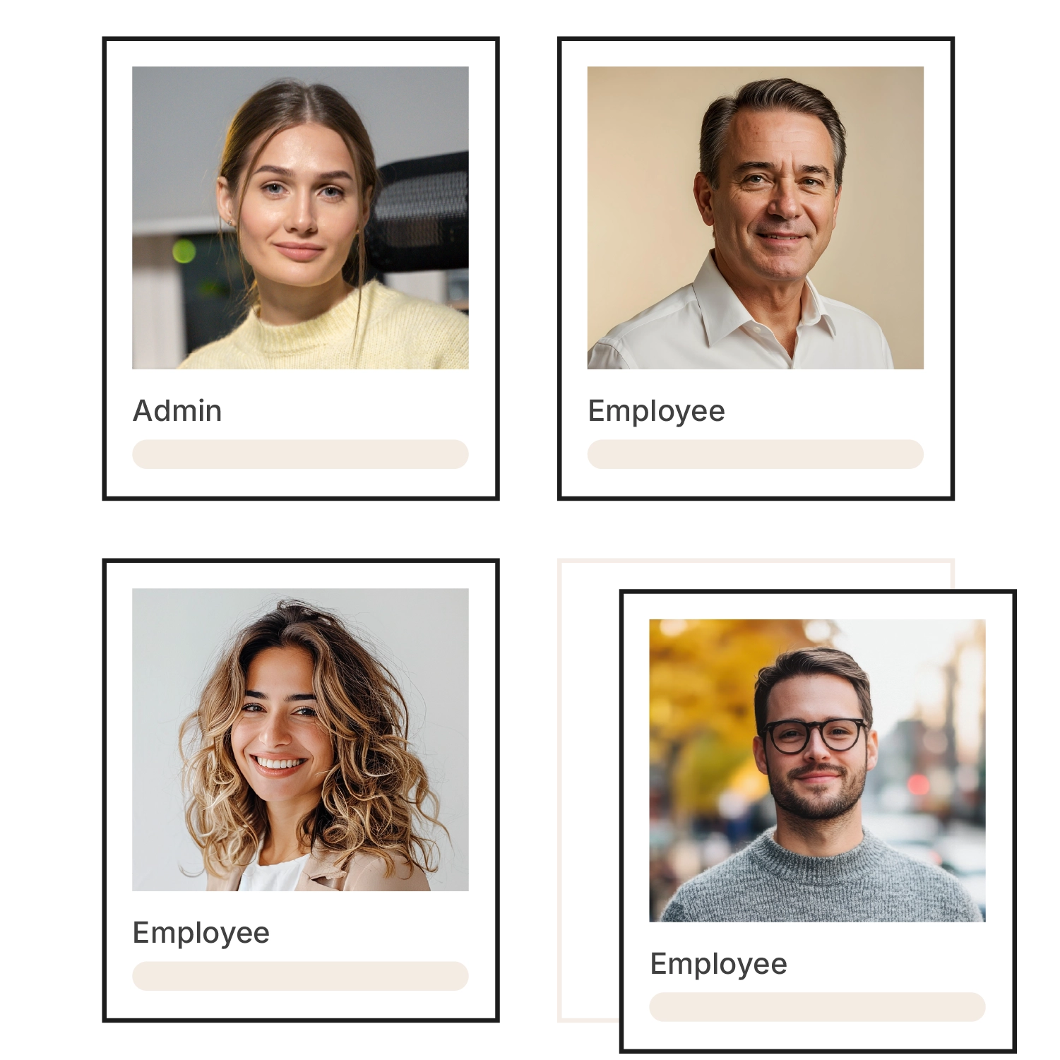 Schematic illustration of user and permission management in the ERP. Four profile cards with portrait photos show one person with the role "Admin" and three people with the role "Employee". The fourth card is slightly offset, as if a new user is being added to the team.