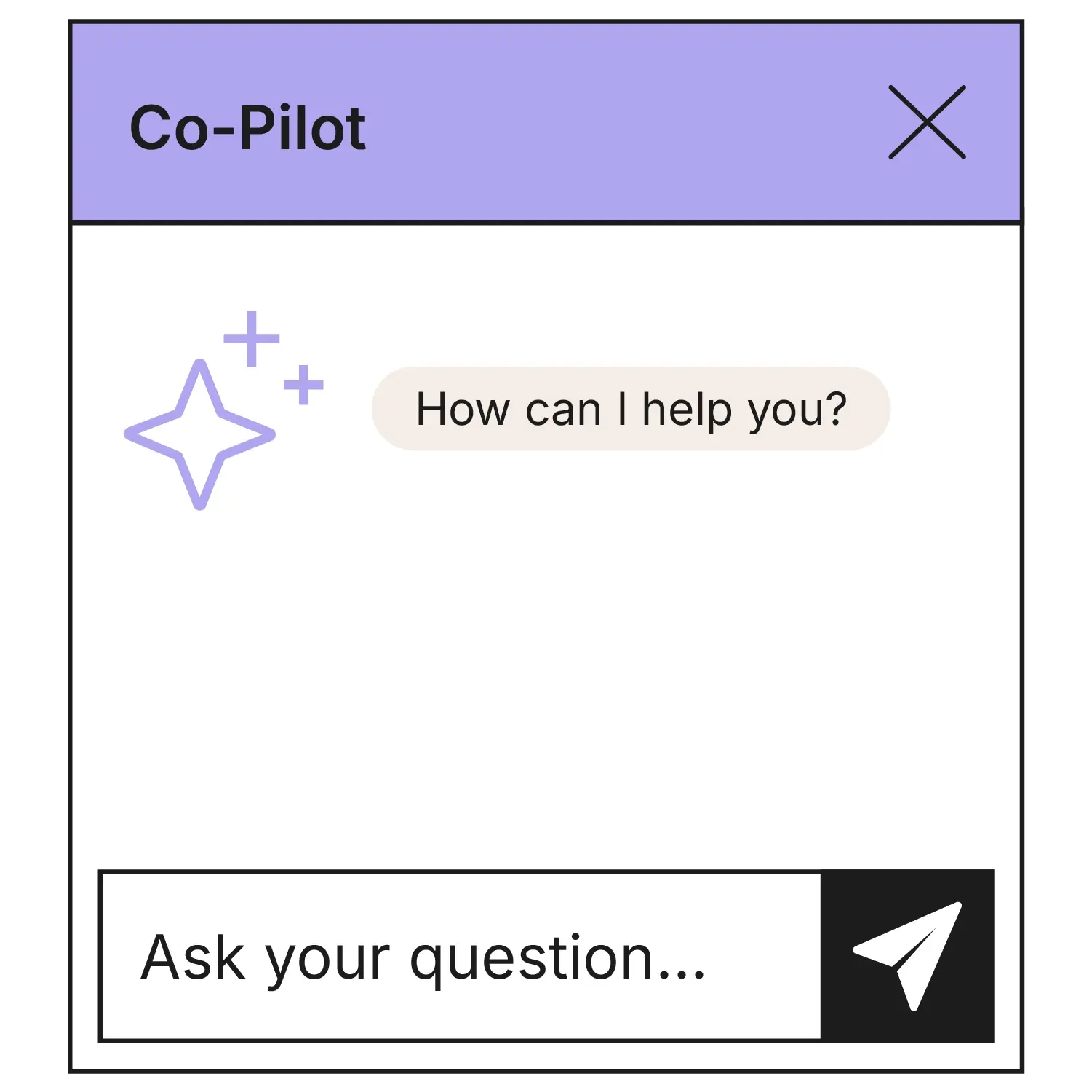 Schematic illustration of the Co-Pilot chat window in the ERP. An AI icon greets the user with "How can I help?", followed by an input field with the placeholder "Your question..." and a send button.