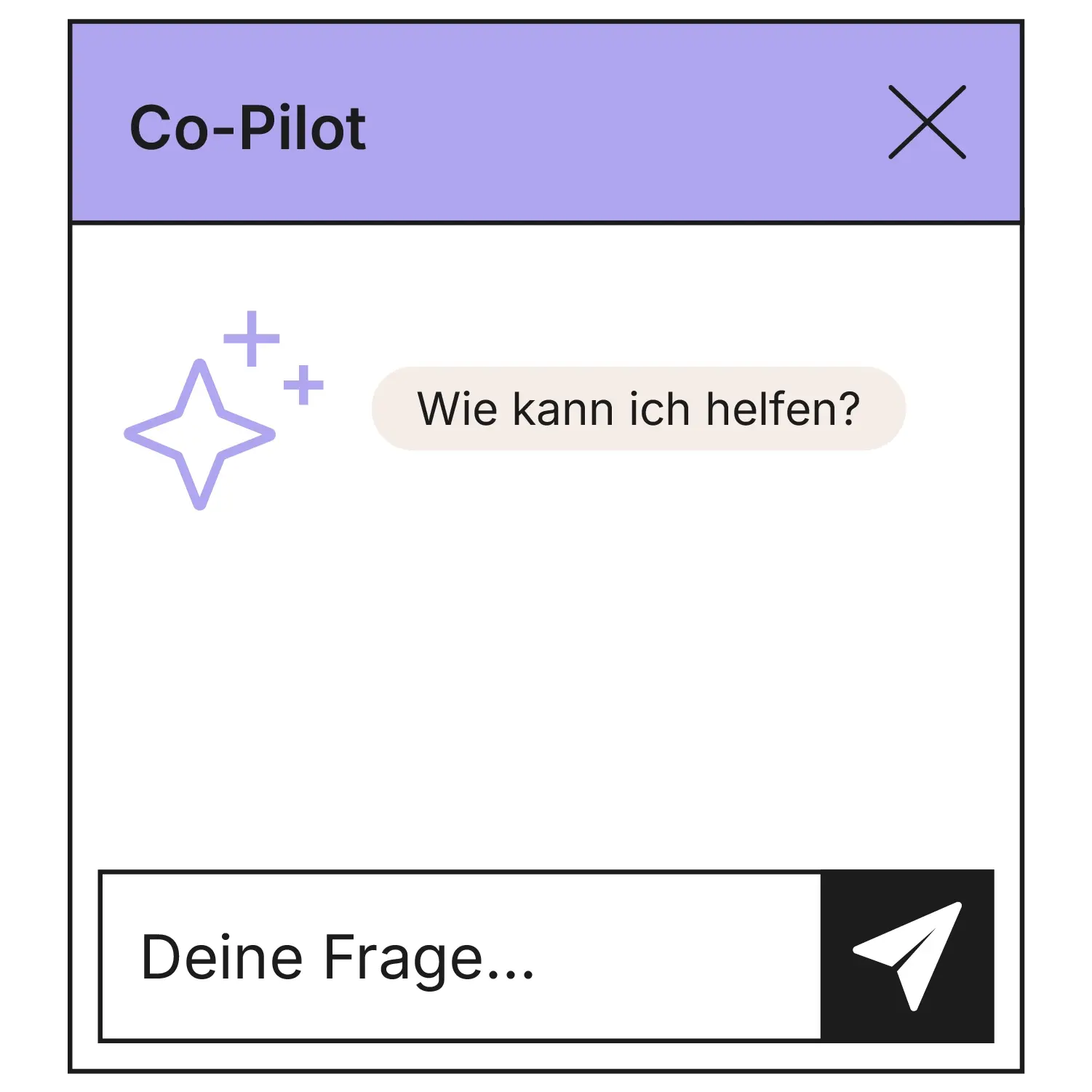 Schematische Darstellung des Co-Pilot-Chatfensters im ERP. Ein KI-Symbol begrüßt mit „Wie kann ich helfen?", darunter ein Eingabefeld mit dem Platzhalter „Deine Frage..." und ein Senden-Button.