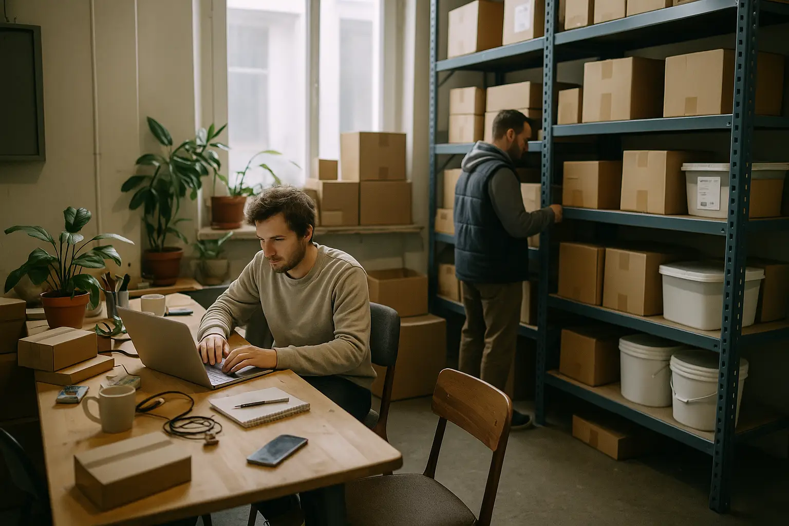 Mann arbeitet am Laptop, während sein Kollege Pakete im Lager einräumt