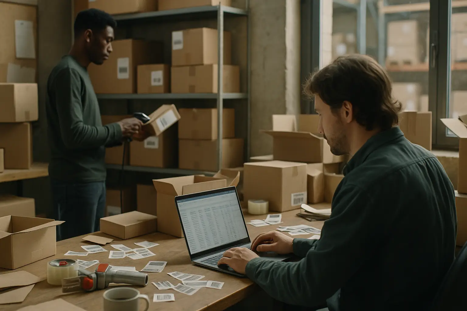 Zwei Mitarbeitende in einem kleinen Lager-Backoffice: Im Vordergrund arbeitet ein Mann am Laptop mit einer Tabelle, umgeben von Versandetiketten, Klebeband und einer Kaffeetasse. Im Hintergrund scannt ein Kollege ein Paket vor einem Regal mit Kartons.