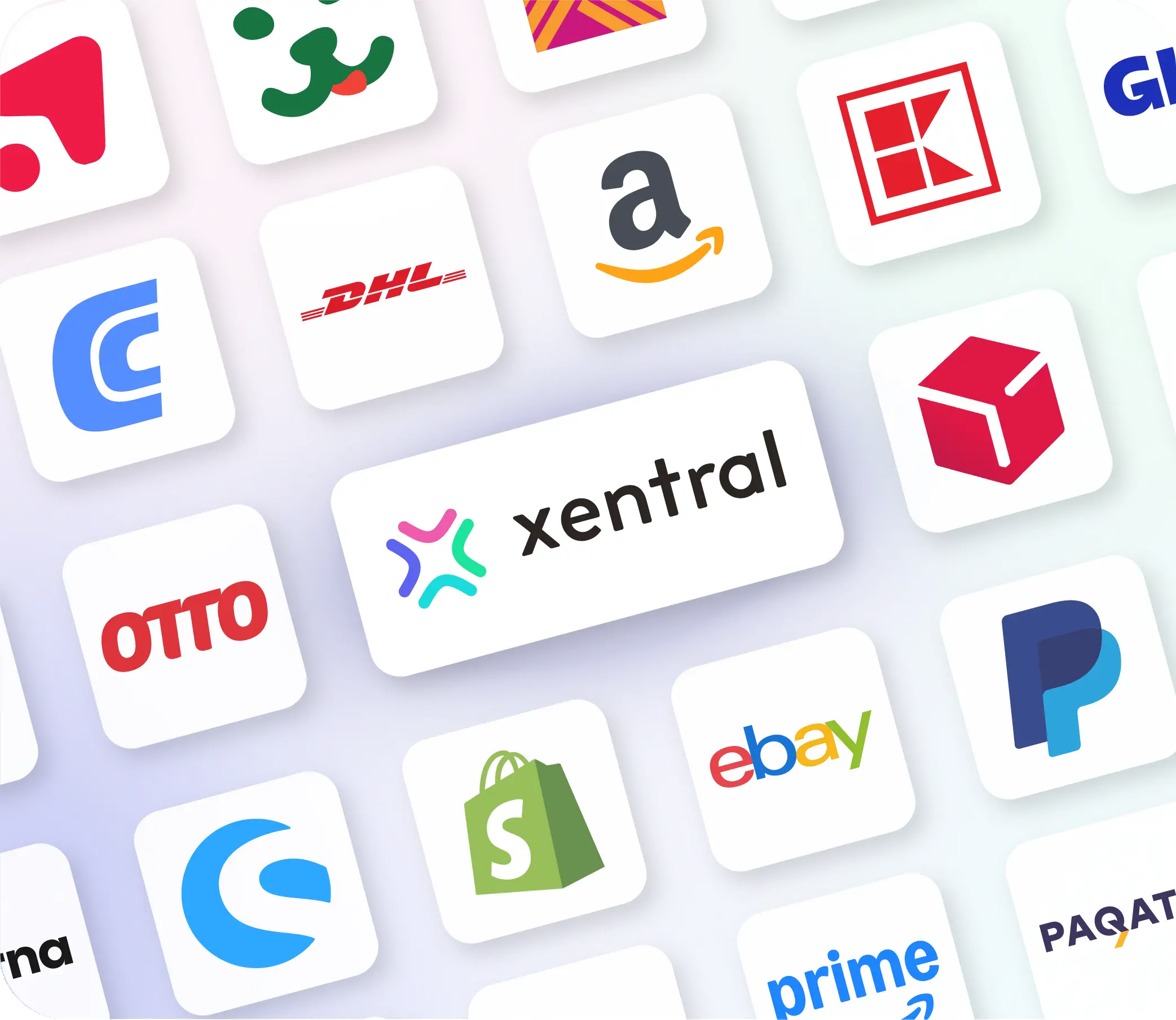 Grid of logo tiles for Xentral integration partners across e-commerce, marketplaces, payment and shipping — including Amazon, eBay, OTTO, Kaufland, Shopify, Shopware, PayPal, Klarna, DHL and DPD. The Xentral logo sits highlighted in the centre.