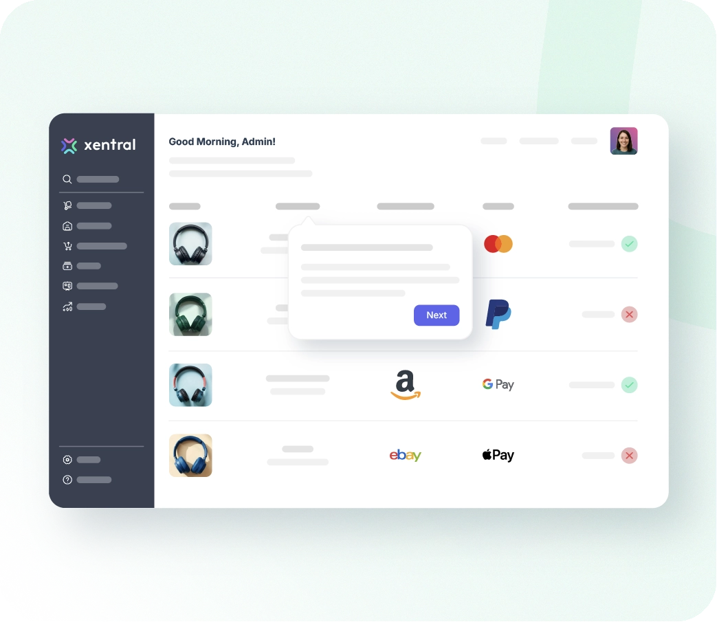 Xentral ERP for toys, sport and hobby industry: Xentral ERP admin dashboard showing a "Good morning, Admin!" greeting and a sales overview of electronic hobby products (headphones) integrated with Amazon, eBay, PayPal, and credit card payment statuses.