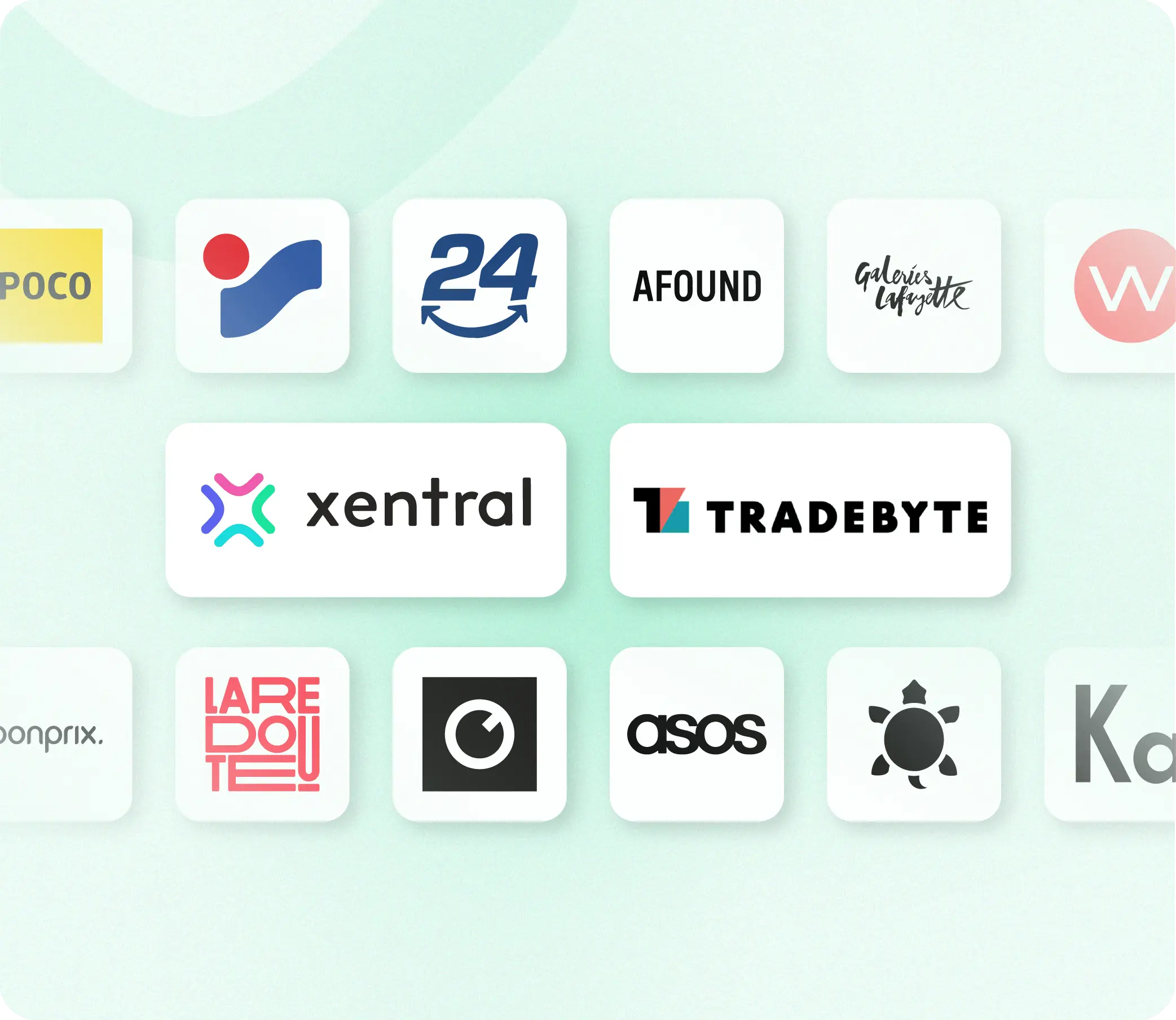 Logo-Raster zur Xentral-Tradebyte-Integration: Xentral und Tradebyte stehen hervorgehoben in der Mitte, umgeben von Marktplatz-Logos wie Poco, Home24, Afound, Galeries Lafayette, Bonprix, La Redoute, ASOS und Kaufland.
