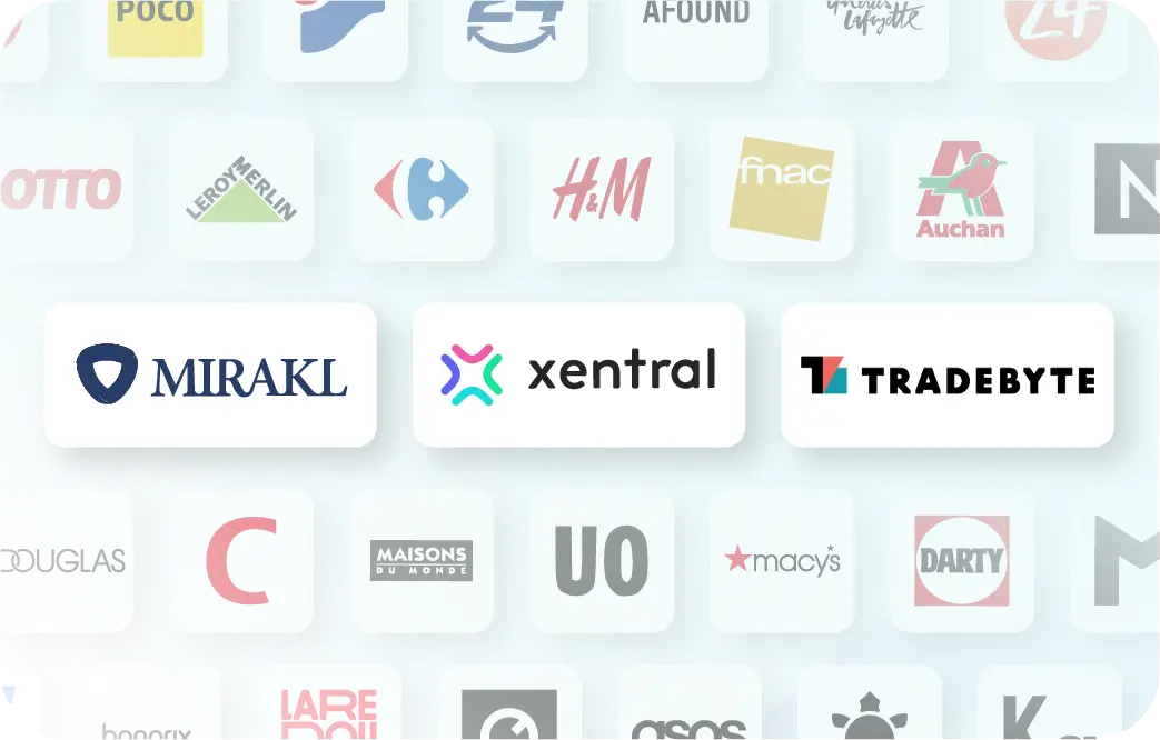 Xentral ERP für Omnichannel: Eine Übersichtsgrafik mit zahlreichen Logos internationaler Handelsunternehmen im Hintergrund, darunter OTTO, H&M, Auchan, Macy's und Douglas. Im Zentrum stehen drei hervorgehobene weiße Kacheln mit den Logos von Mirakl, Xentral und Tradebyte.