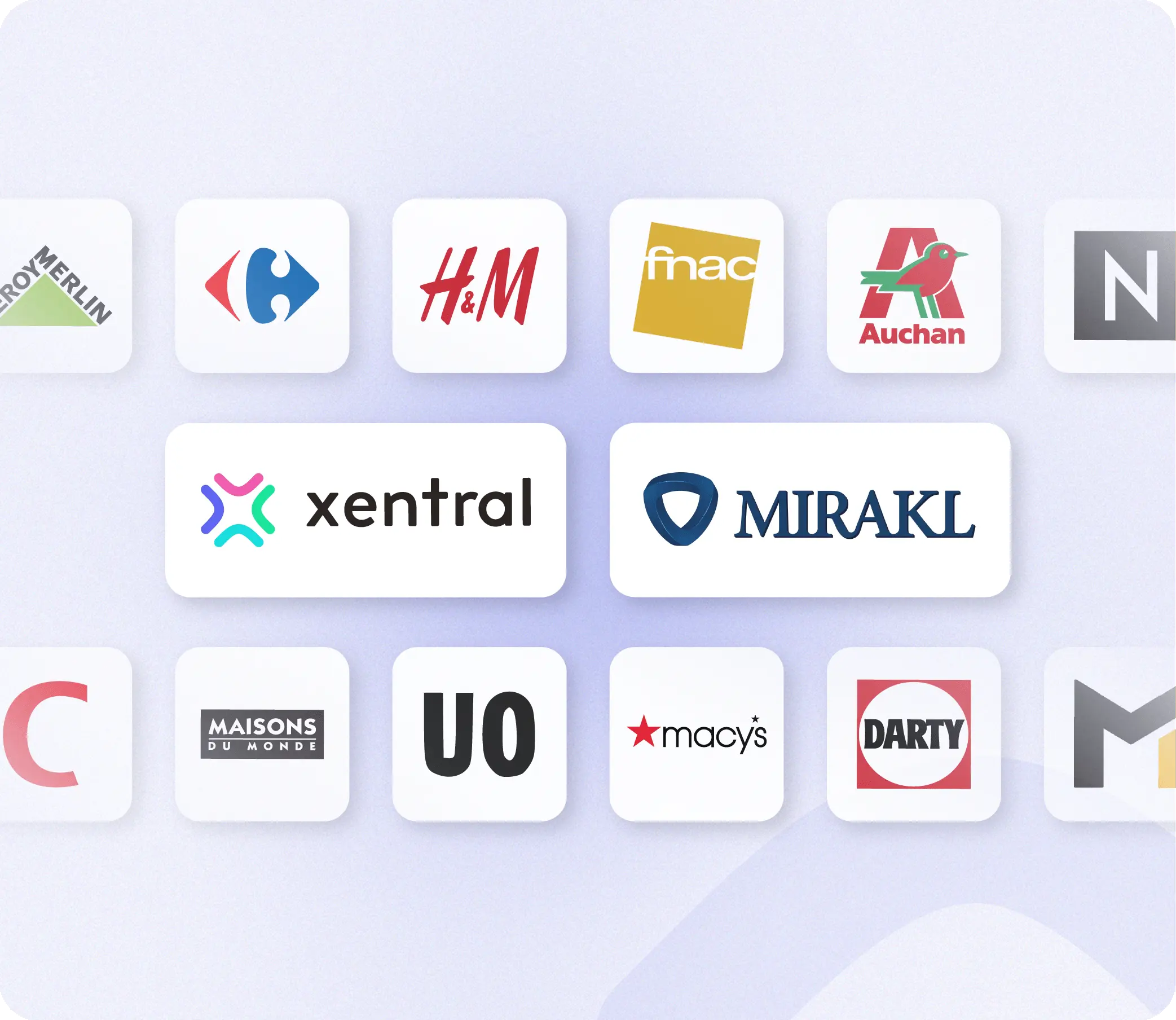 Logo-Raster zur Xentral-Mirakl-Integration: Xentral und Mirakl stehen hervorgehoben in der Mitte, umgeben von Marktplatz-Logos wie Leroy Merlin, Carrefour, H&M, Fnac, Auchan, Maisons du Monde, Urban Outfitters, Macy's und Darty.