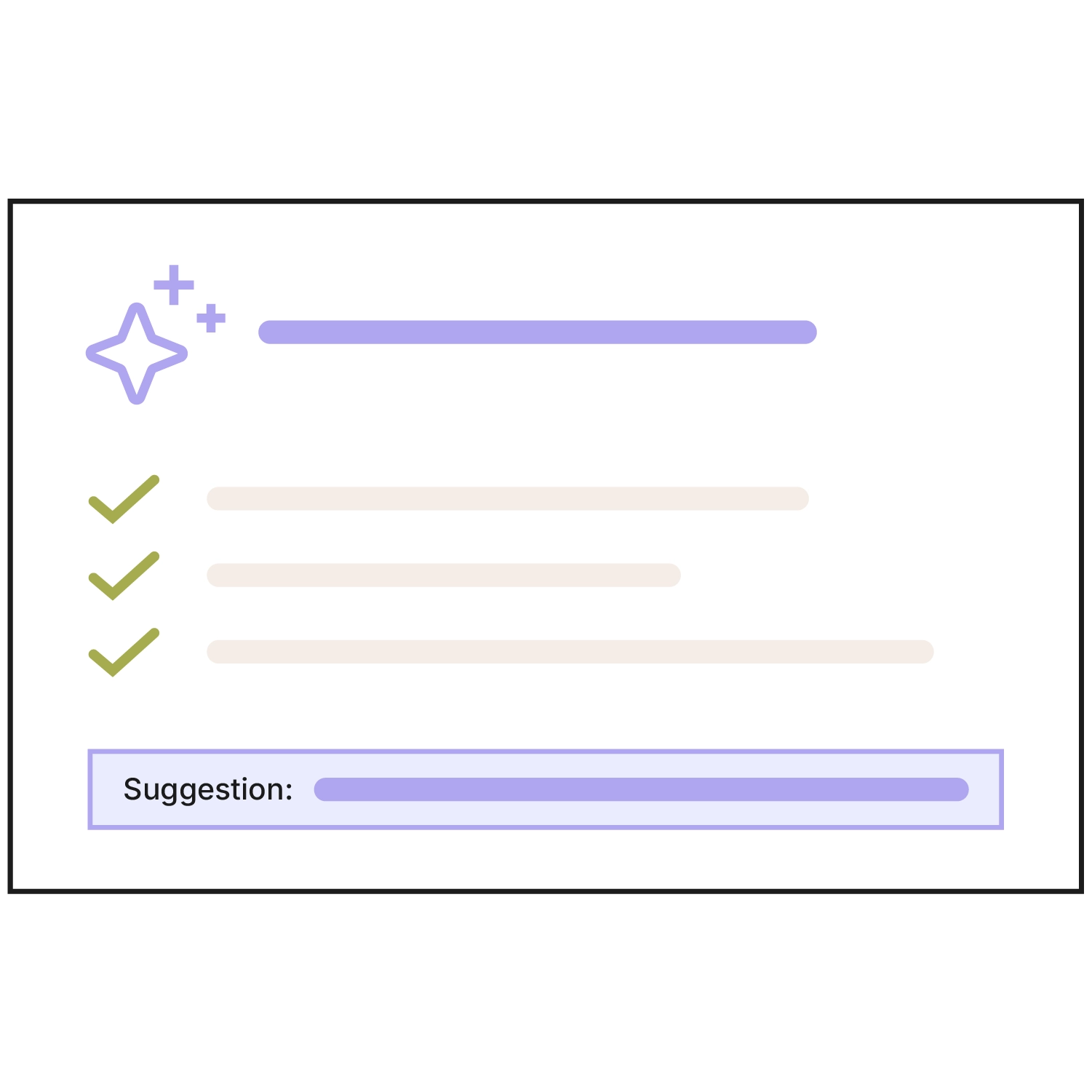 Schematic illustration of an AI analysis in the ERP. Below the AI icon are three items with green checkmarks, followed by a purple highlighted field labeled "Suggestion:" containing a concrete recommendation from the AI.