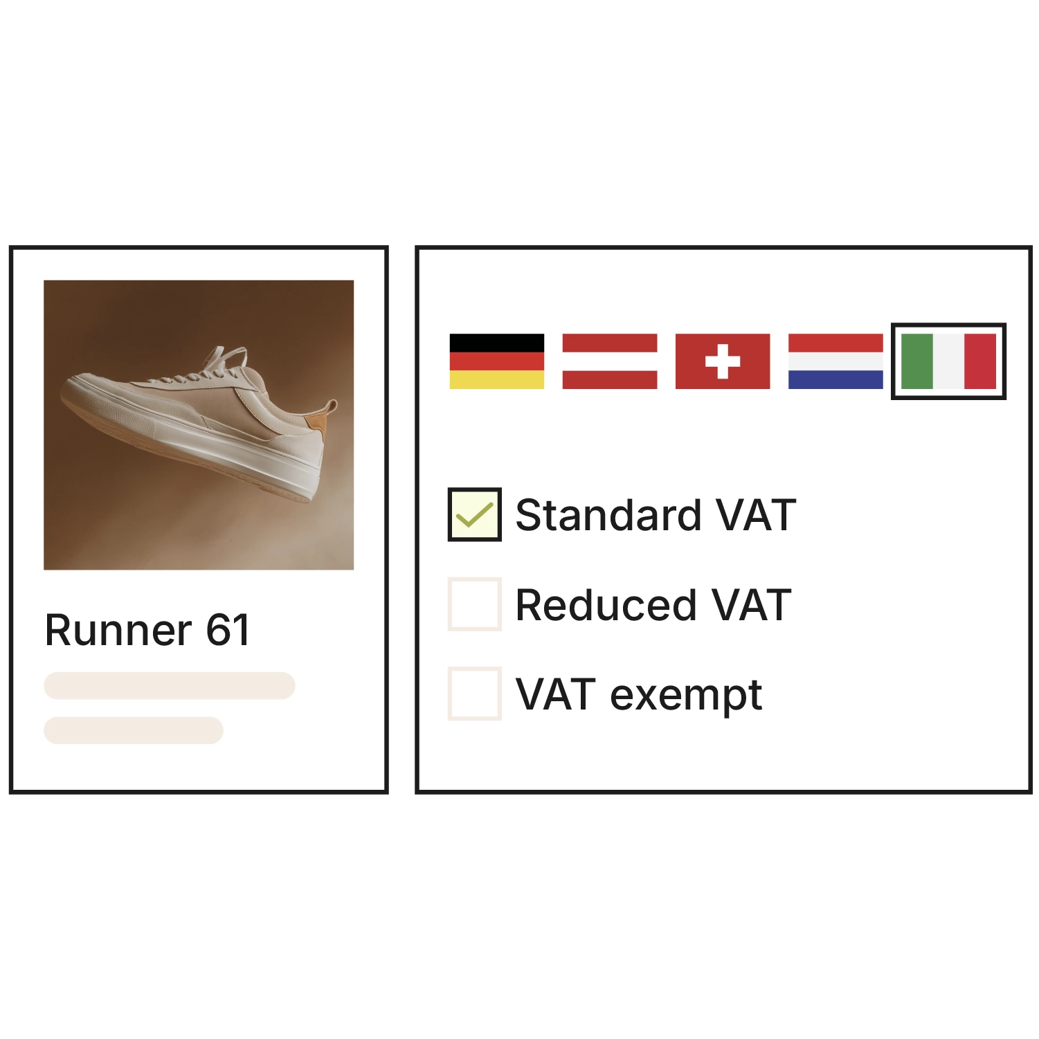 Schematic graphic of country-specific tax assignment in Xentral: a “Runner 61” product card with a beige sneaker, alongside country flags (Germany, Austria, Switzerland, Netherlands, Italy selected) and the options Standard VAT (checked), Reduced VAT and VAT exempt.