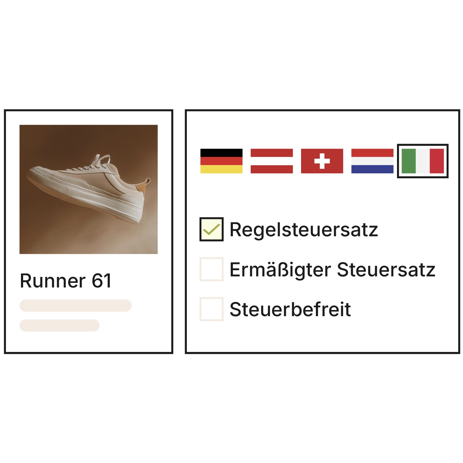 Schematische Grafik zur länderspezifischen Steuerzuordnung in Xentral: Produktkarte “Runner 61” mit beigem Sneaker, daneben Länderflaggen (Deutschland, Österreich, Schweiz, Niederlande, Italien ausgewählt) und die Optionen Regelsteuersatz (aktiv), Ermäßigter Steuersatz und Steuerbefreit.