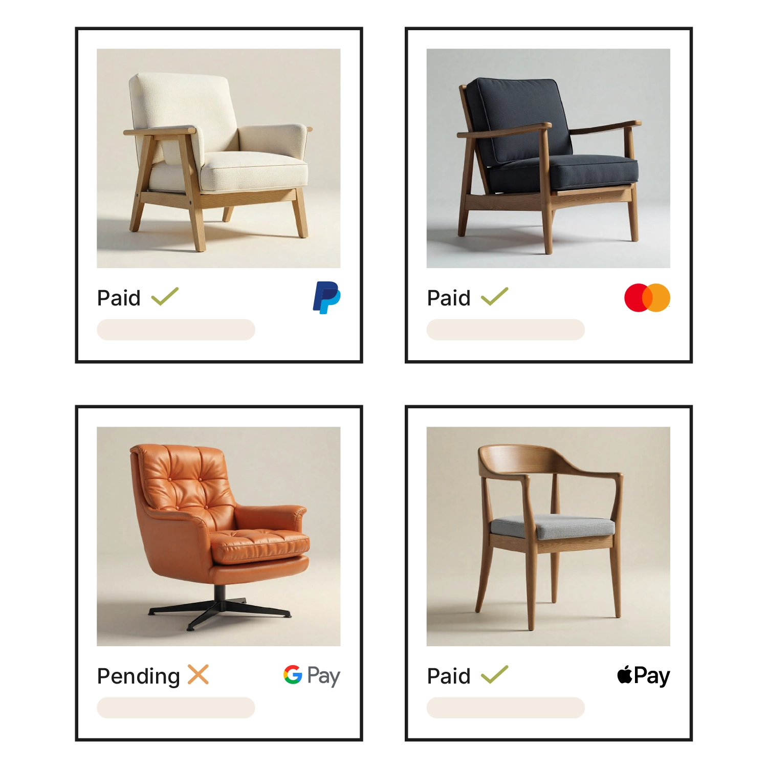 Schematic graphic of payment reconciliation in Xentral: four order cards showing armchairs and chairs, each with a payment status and provider logo – three orders “Paid” via PayPal, Mastercard and Apple Pay, one “Pending” via Google Pay.