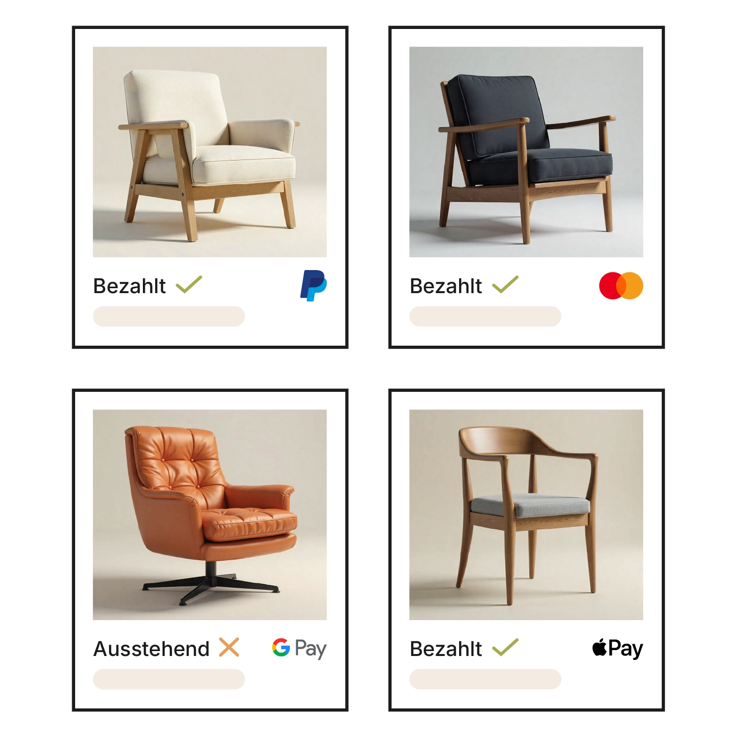 Schematische Grafik zum Zahlungsabgleich in Xentral: vier Bestellkarten mit Sesseln und Stühlen, jeweils mit Zahlungsstatus und Anbieter-Logo – drei Bestellungen “Bezahlt” via PayPal, Mastercard und Apple Pay, eine “Ausstehend” via Google Pay.