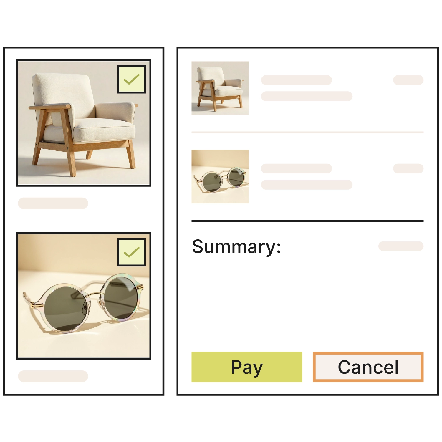 Schematic graphic of a checkout process: on the left, two selected products (beige armchair and round sunglasses) with checkmarks; on the right, the order “Summary” listing both items with “Pay” and “Cancel” buttons.