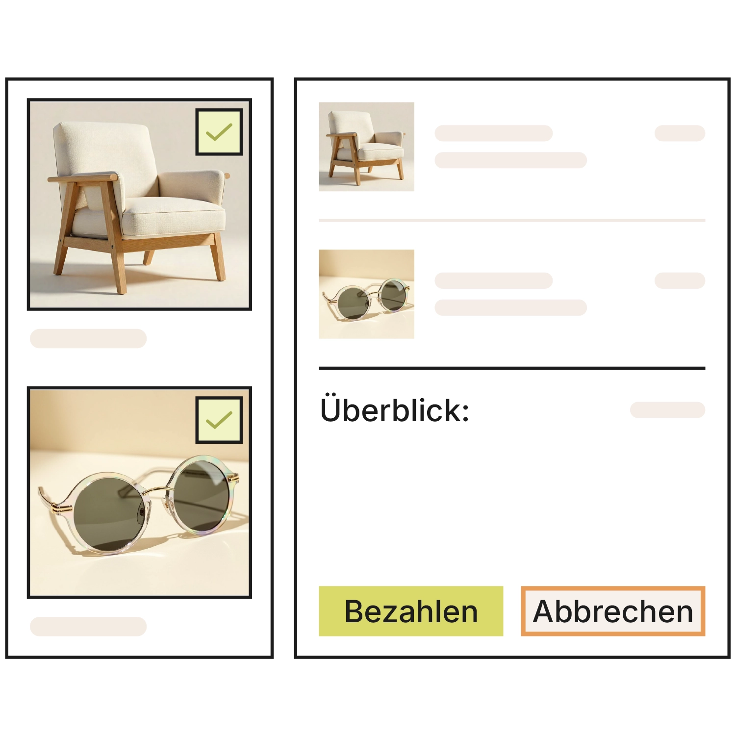 Schematische Grafik eines Checkout-Prozesses: Links zwei ausgewählte Produkte (beiger Sessel und runde Sonnenbrille) mit Häkchen, rechts die Bestellübersicht “Überblick” mit beiden Artikeln und den Buttons “Bezahlen” und “Abbrechen”.