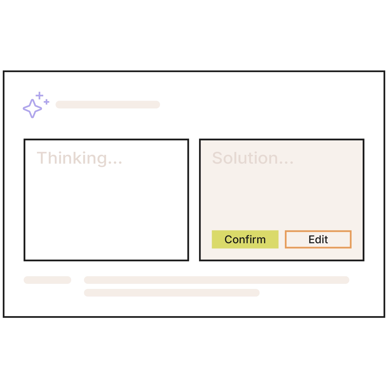 Schematic graphic of an AI assistant in Xentral: interface with a sparkle icon and two panels labelled “Thinking...” and “Solution...”, with “Confirm” and “Edit” buttons to review the AI’s suggestion.