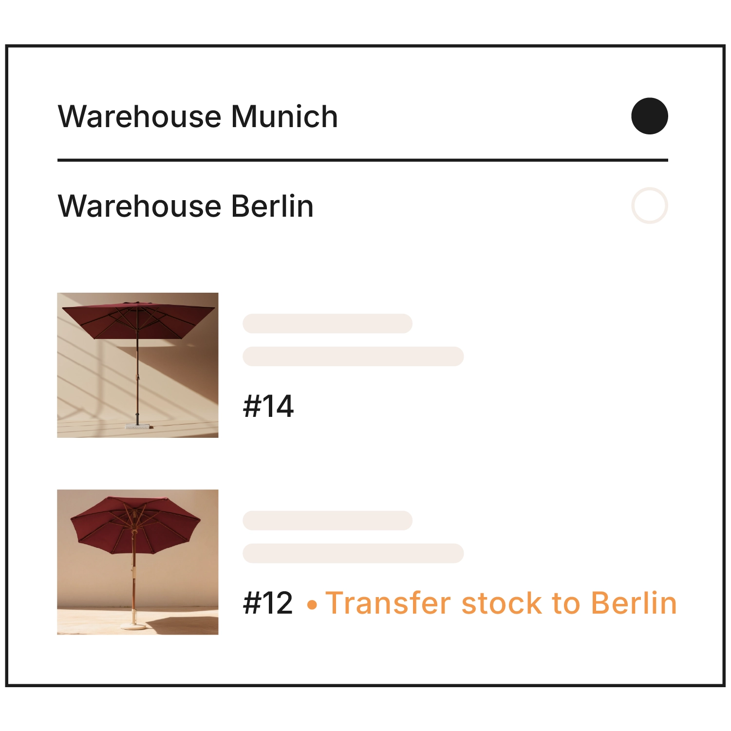 Schematic graphic of stock transfers between locations in Xentral: selection between “Warehouse Munich” (active) and “Warehouse Berlin”, with two red parasol items below (#14 and #12), #12 flagged with “Transfer stock to Berlin”.