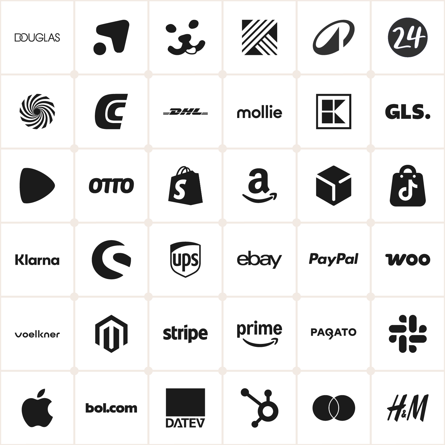 Grid of black logos for Xentral integrations across marketplaces, shop systems, payment, shipping and accounting — including Douglas, Zalando, Amazon, eBay, OTTO, Kaufland, Shopify, Shopware, Magento, WooCommerce, Mollie, Klarna, PayPal, Stripe, Apple Pay, Mastercard, DHL, UPS, GLS, DPD, DATEV, HubSpot, Slack, bol.com and H&M.