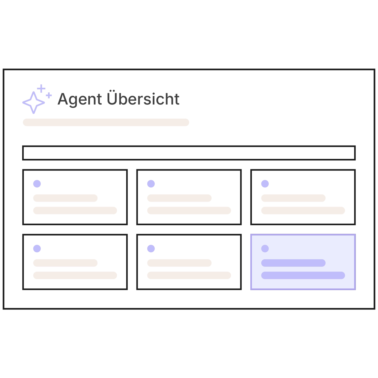 Schematische Grafik der “Agent Übersicht” in Xentral: Oberfläche mit Sparkle-Icon, Suchleiste und sechs Agenten-Kacheln, von denen eine lila hervorgehoben ist.