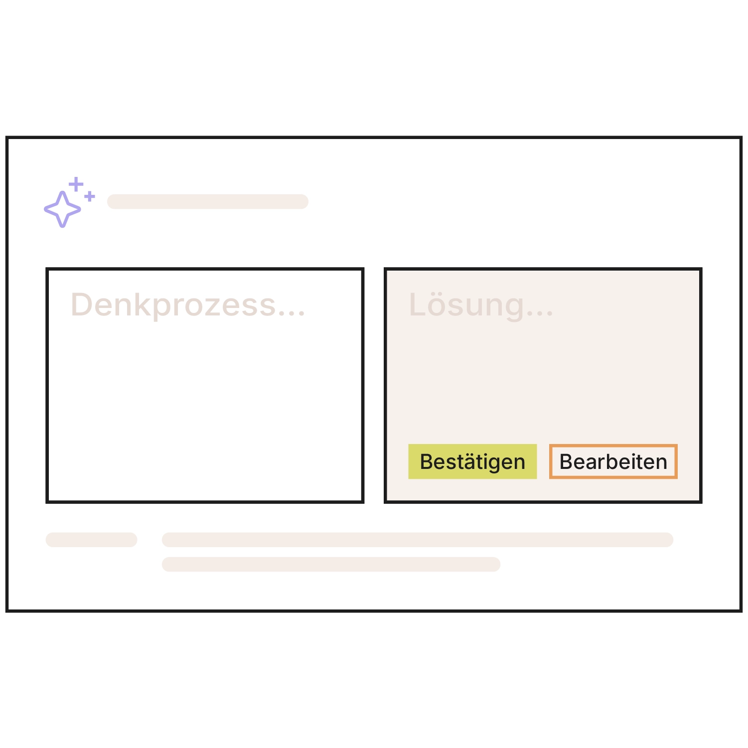Schematische Grafik eines KI-Assistenten in Xentral: Oberfläche mit Sparkle-Icon und zwei Feldern “Denkprozess...” und “Lösung...”, darunter die Buttons “Bestätigen” und “Bearbeiten” zur Kontrolle des KI-Vorschlags.