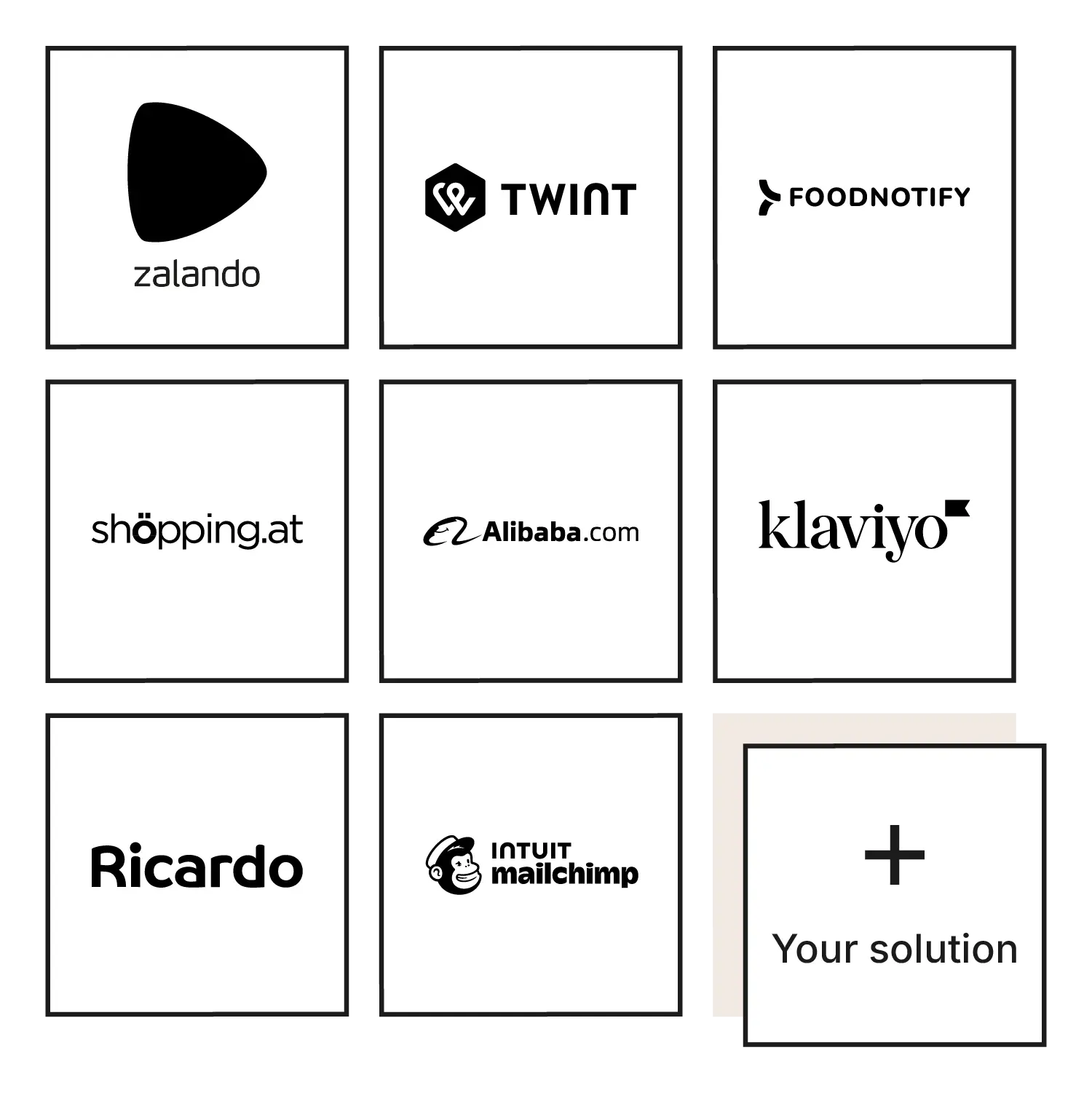 Grid of black logos for additional Xentral integrations across marketplaces, payment and marketing: Zalando, TWINT, FoodNotify, shöpping.at, Alibaba.com, Klaviyo, Ricardo and Mailchimp, plus a tile reading “+ Deine Lösung” (“Your solution”).