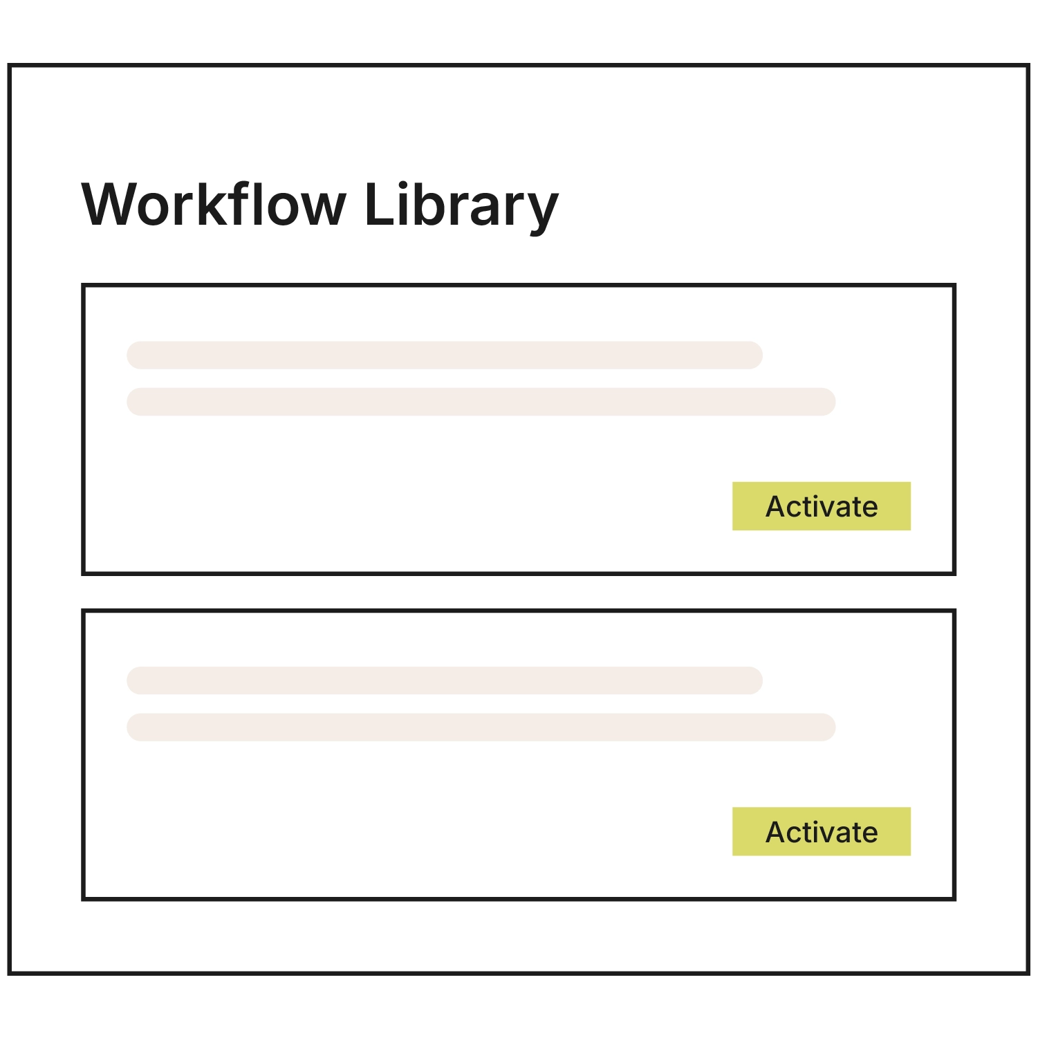 Schematic graphic of the “Workflow Library” in Xentral: two ready-made workflow templates, each with an “Activate” button.