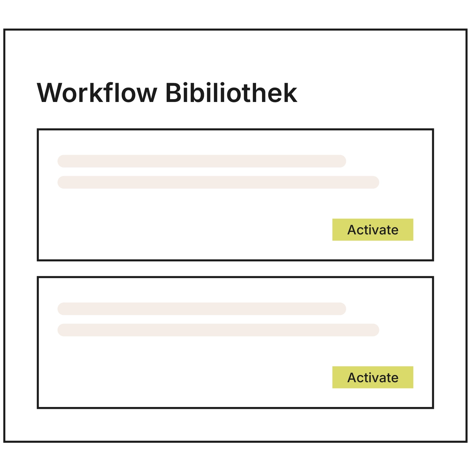 Schematische Grafik der “Workflow Bibliothek” in Xentral: zwei vorgefertigte Workflow-Vorlagen mit jeweils einem Button zum Aktivieren.
