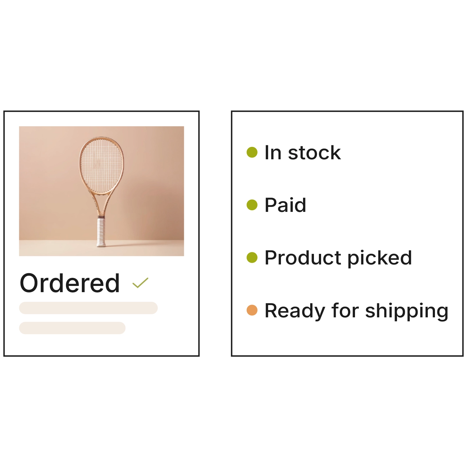 Schematic ERP view: on the left, a product card with a tennis racket and the status "Ordered", on the right the order progress with "In stock", "Paid" and "Product picked" in green and "Ready to ship" in orange as the next open step.