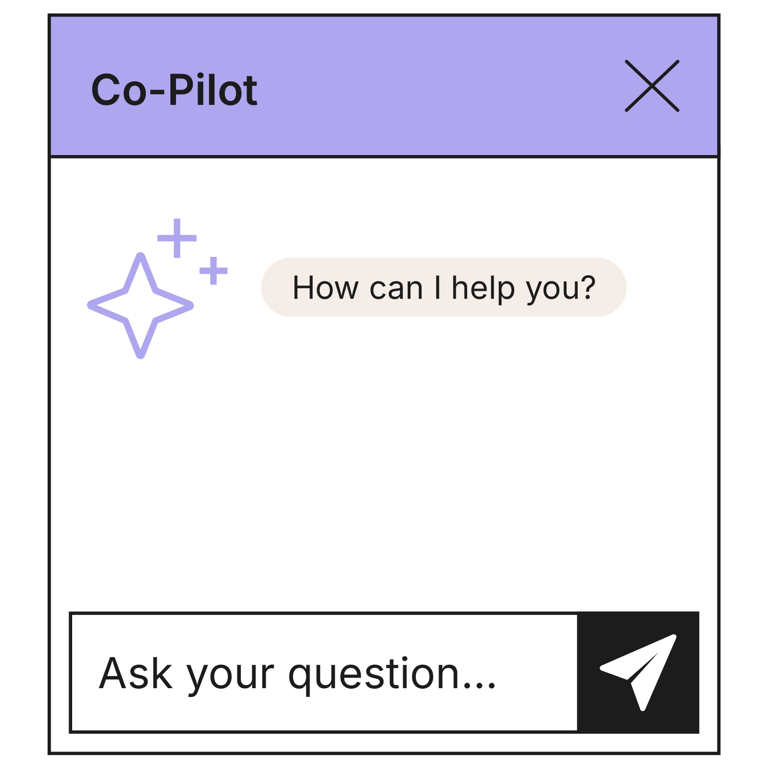 Schematic illustration of the Co-Pilot chat window in the ERP. An AI icon greets the user with "How can I help?", followed by an input field with the placeholder "Your question..." and a send button.