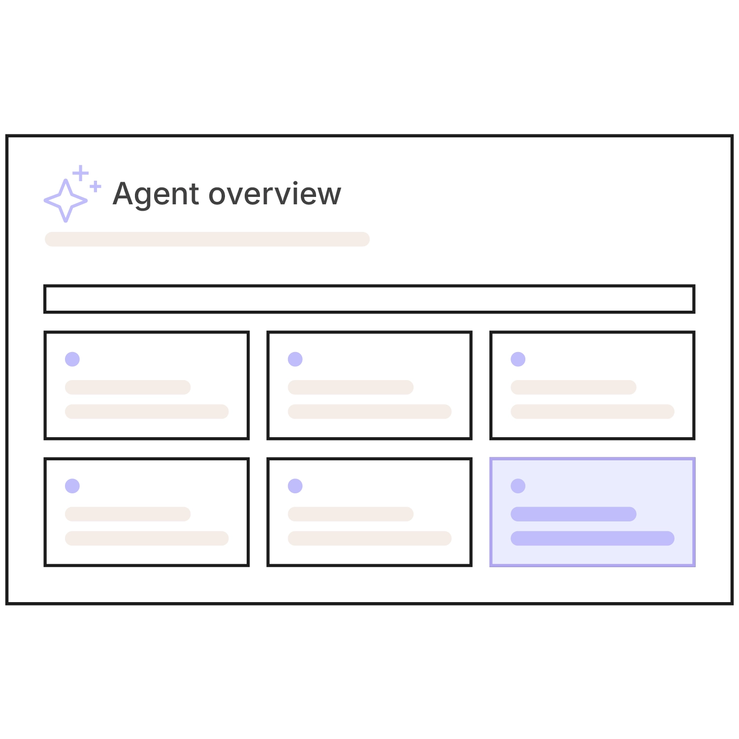 Simplified illustration of the "Agent Overview" view with an AI icon, a search bar and six tiles for available AI agents. One tile is highlighted in purple to show the selected agent.