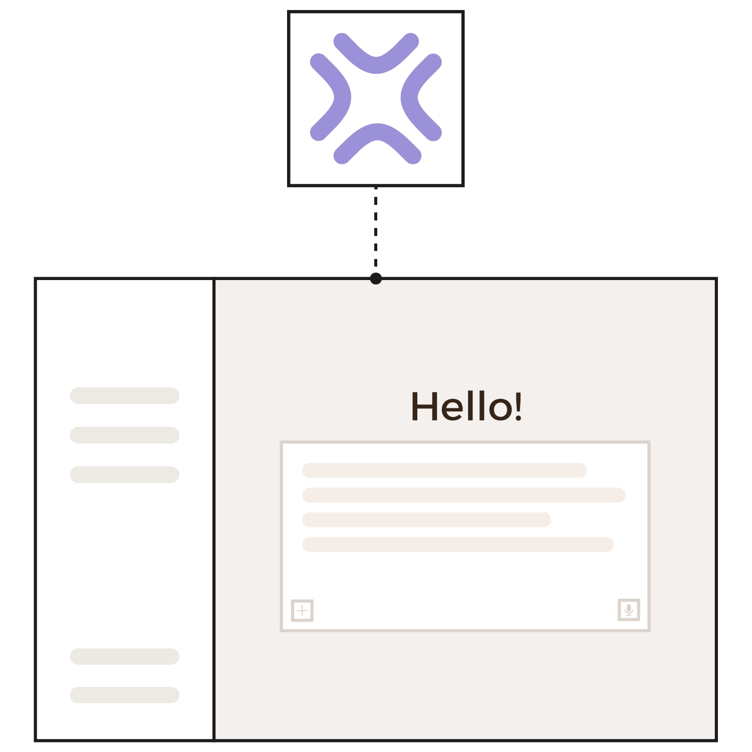 Schematic illustration: the Xentral logo is connected by a dashed line to an AI chat interface. The interface shows a sidebar, the greeting "Hello!" and an input field with options to attach files and use voice input.