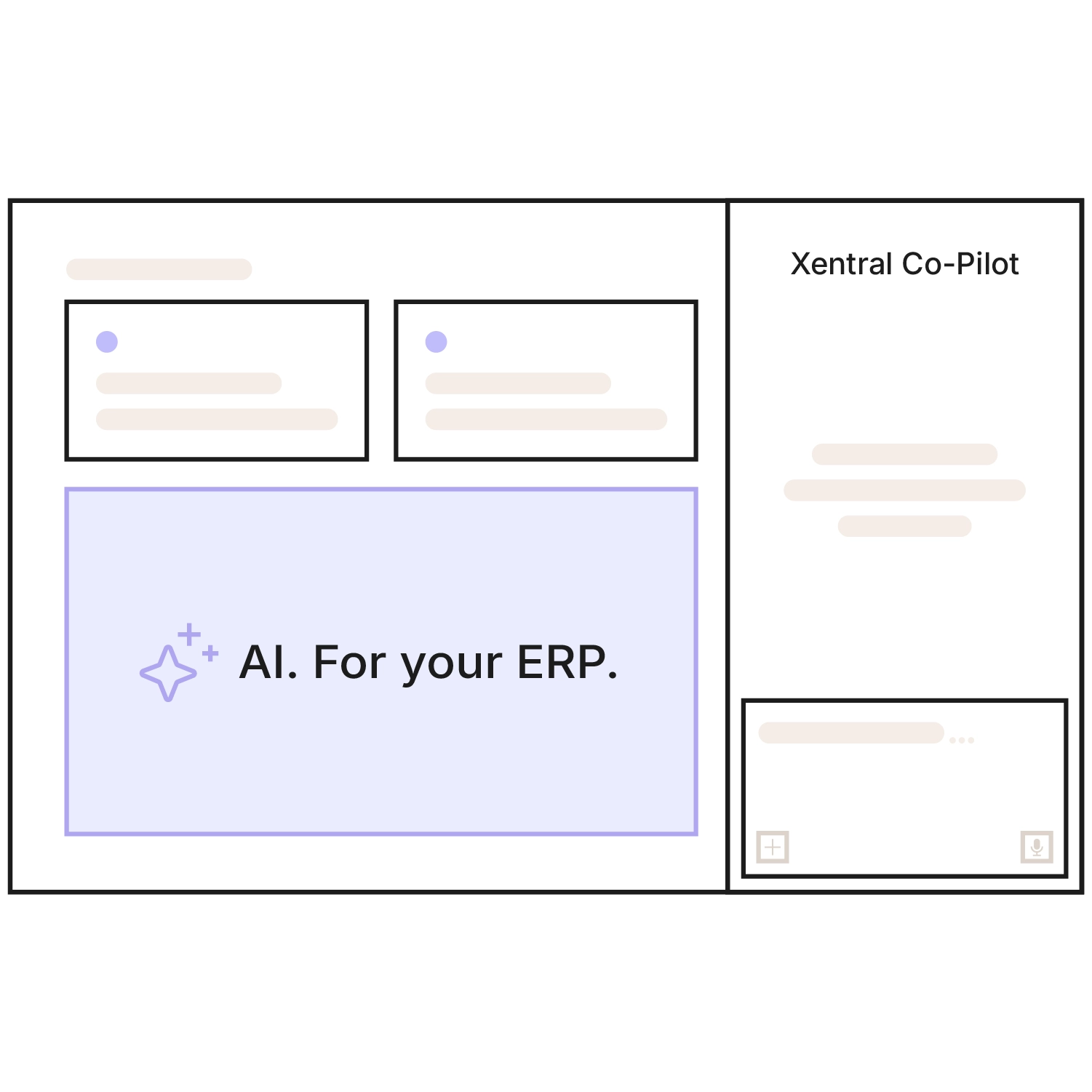 Schematic illustration of the Xentral interface: on the left, two tiles and a highlighted area with an AI icon and the text "AI. For your ERP.", on the right the Xentral Co-Pilot sidebar with chat history and an input field including file upload and voice input.