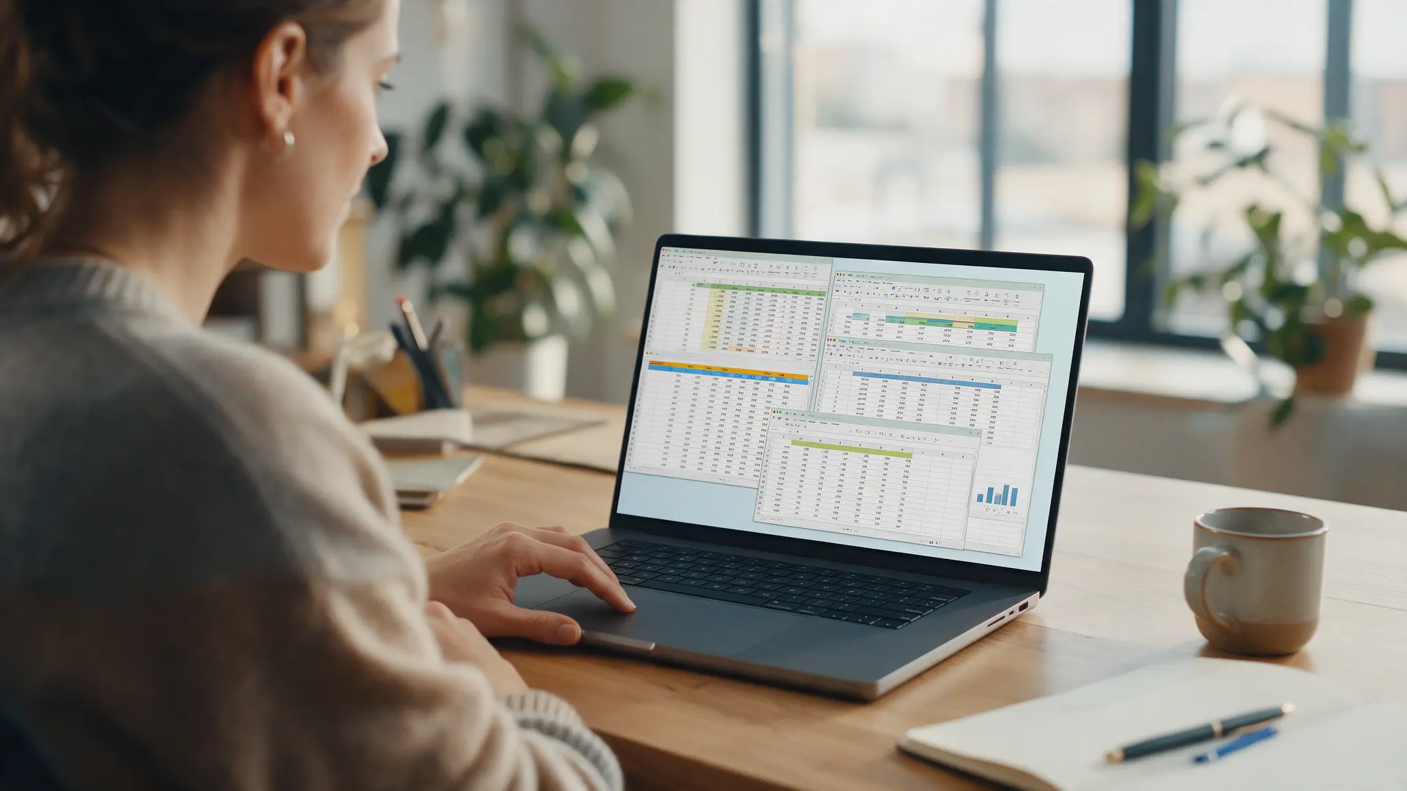 Frau im grauen Pullover arbeitet am Laptop mit mehreren überlappenden Excel-Tabellen auf dem Bildschirm, daneben Kaffeetasse und Notizbuch, im Hintergrund ein helles Büro mit Zimmerpflanzen.