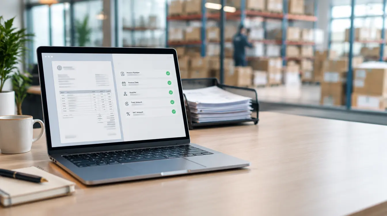 Laptop auf einem Schreibtisch zeigt eine automatische Rechnungserfassung: links die gescannte Rechnung, rechts die erkannten Felder Rechnungsnummer, Datum, Lieferant, Gesamtbetrag und MwSt. mit grünen Häkchen. Im Hintergrund ein Lager mit Palettenregalen und ein Ablagekorb voller Papierrechnungen.