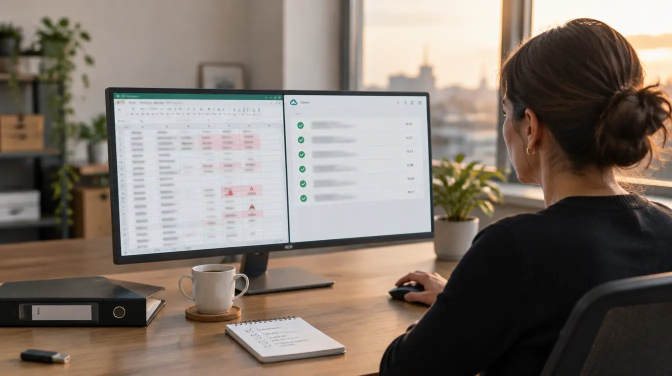 Frau am Schreibtisch vor einem Monitor mit geteiltem Bildschirm: links eine Excel-Tabelle mit rot markierten Fehlerzellen und Warnsymbolen, rechts eine aufgeräumte Liste mit grünen Häkchen. Im Hintergrund ein Büro mit Stadtblick bei Abendlicht.