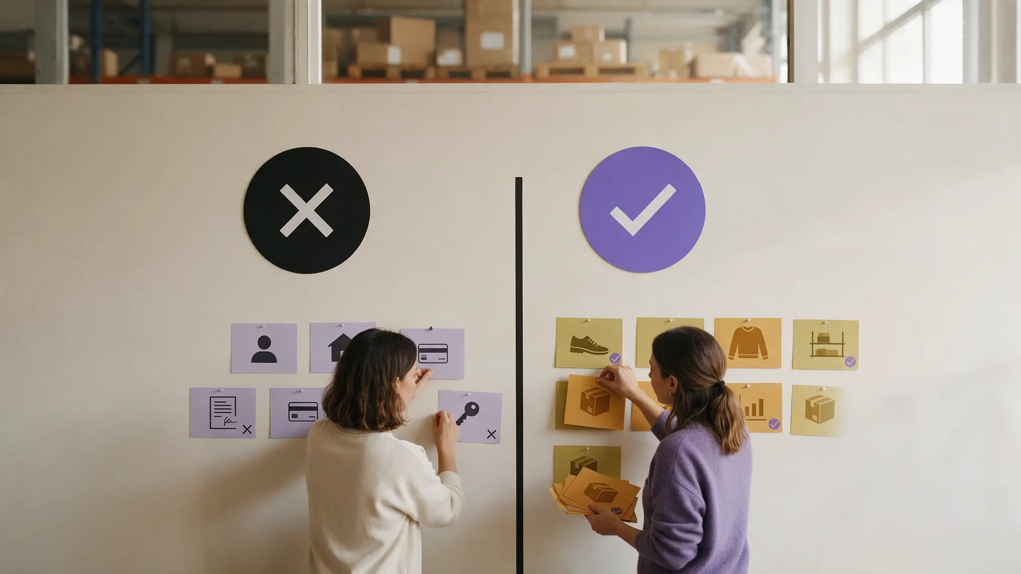 Zwei Frauen vor einer Wand mit Haftnotizen in einem Lagerbüro: Links unter einem schwarzen X-Symbol lila Notizen mit Icons für Kreditkarte, Schlüssel und Verträge, rechts unter einem lila Häkchen gelbe Notizen mit Produkt-Icons wie Schuhe, Pullover und Pakete.