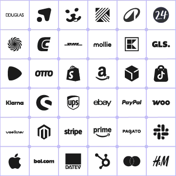 Logo wall with over 30 partner and integration logos across marketplaces (Amazon, eBay, OTTO, Kaufland, bol.com), shop systems (Shopify, Magento, WooCommerce), payment providers (Klarna, PayPal, Stripe, Mollie), shipping (DHL, UPS, GLS), accounting (DATEV), and other services.