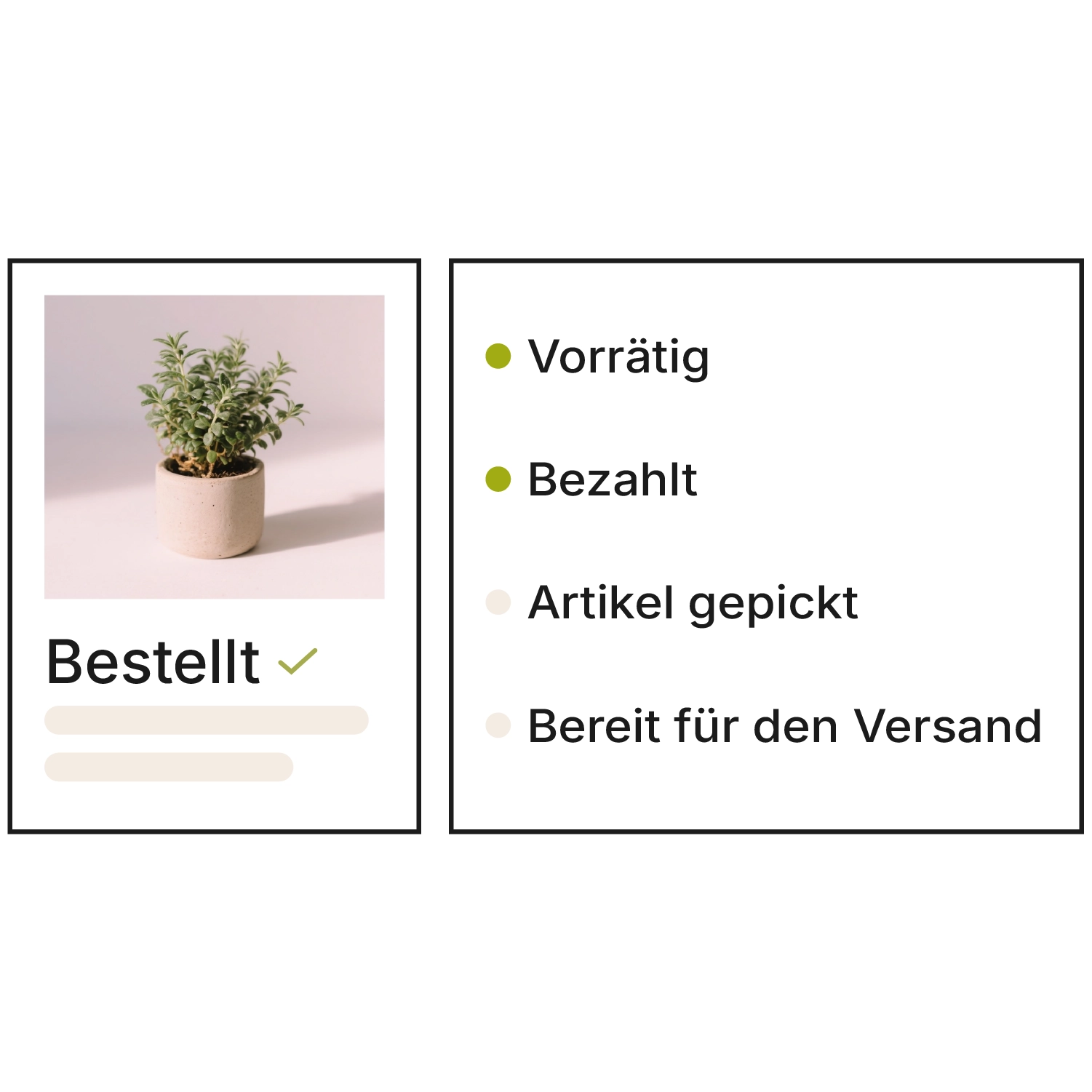 Zwei Karten nebeneinander: links eine Produktkarte mit einer kleinen Grünpflanze in einem Betontopf und dem Status „Bestellt” mit grünem Haken. Rechts eine Auftragsstatusliste mit vier Schritten — Vorrätig und Bezahlt sind grün abgeschlossen, Artikel gepickt und Bereit für den Versand sind noch inaktiv.